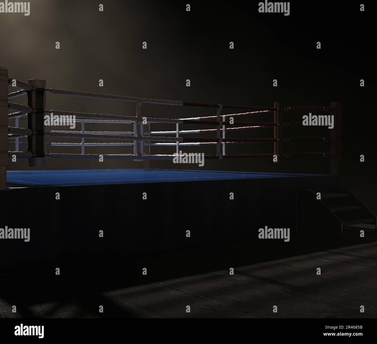 A modern boxing ring with opposing blue and red corners spotlit on a ...