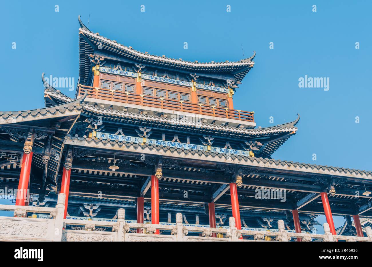 The majestic Chongsheng Hall of Confucian Temple under the blue sky in Liuzhou, Guangxi, China. Stock Photo