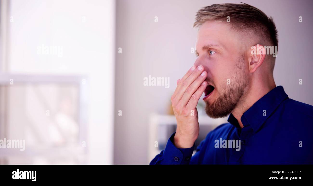 Bad Smell Dental Breath And Hand Near Mouth And Face Stock Photo Alamy