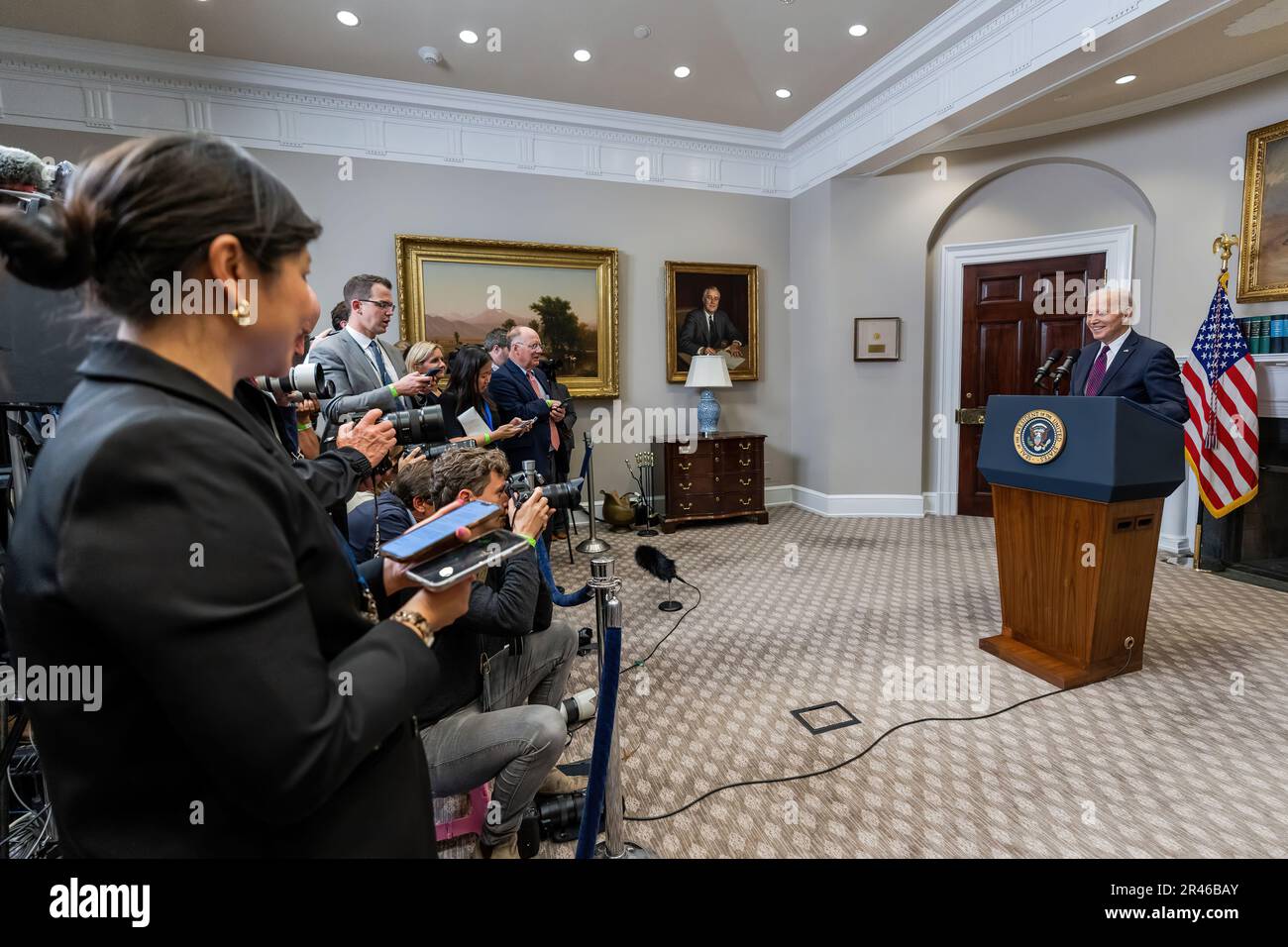 President Joe Biden delivers remarks regarding his meeting with Senate Majority Leader Chuck Schumer (D-NY), Minority Leader Mitch McConnell (R-KY), House Speaker Kevin McCarthy (R-CA) and House Minority Leader Hakeem Jeffries (D-NY) about the debt ceiling, Tuesday, May 9, 2023, in the Roosevelt Room of the White House. (Official White House Photo by Cameron Smith) Stock Photo
