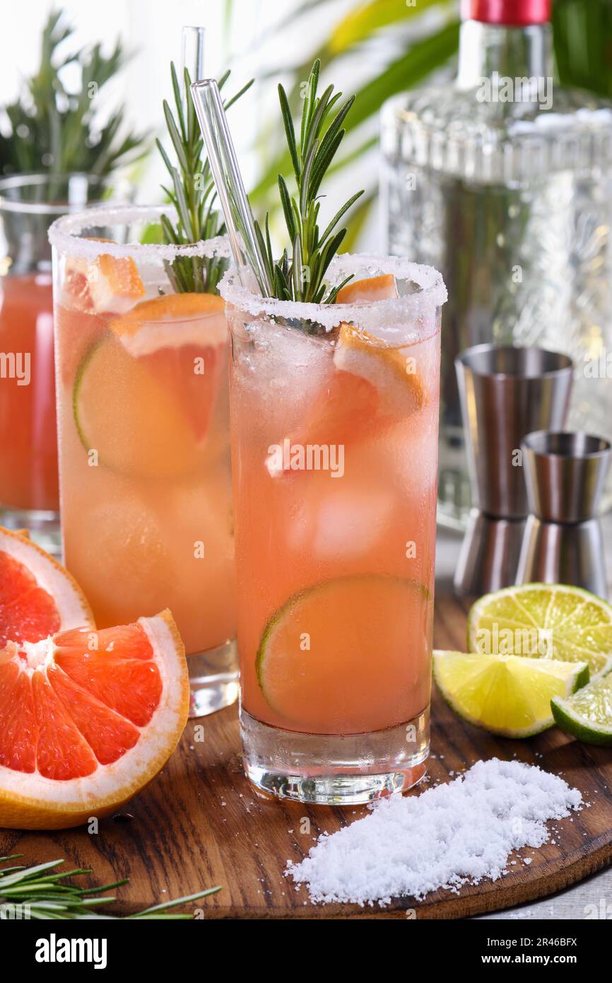 Cocktail Pink Paloma, prepared from the juice of freshly squeezed red