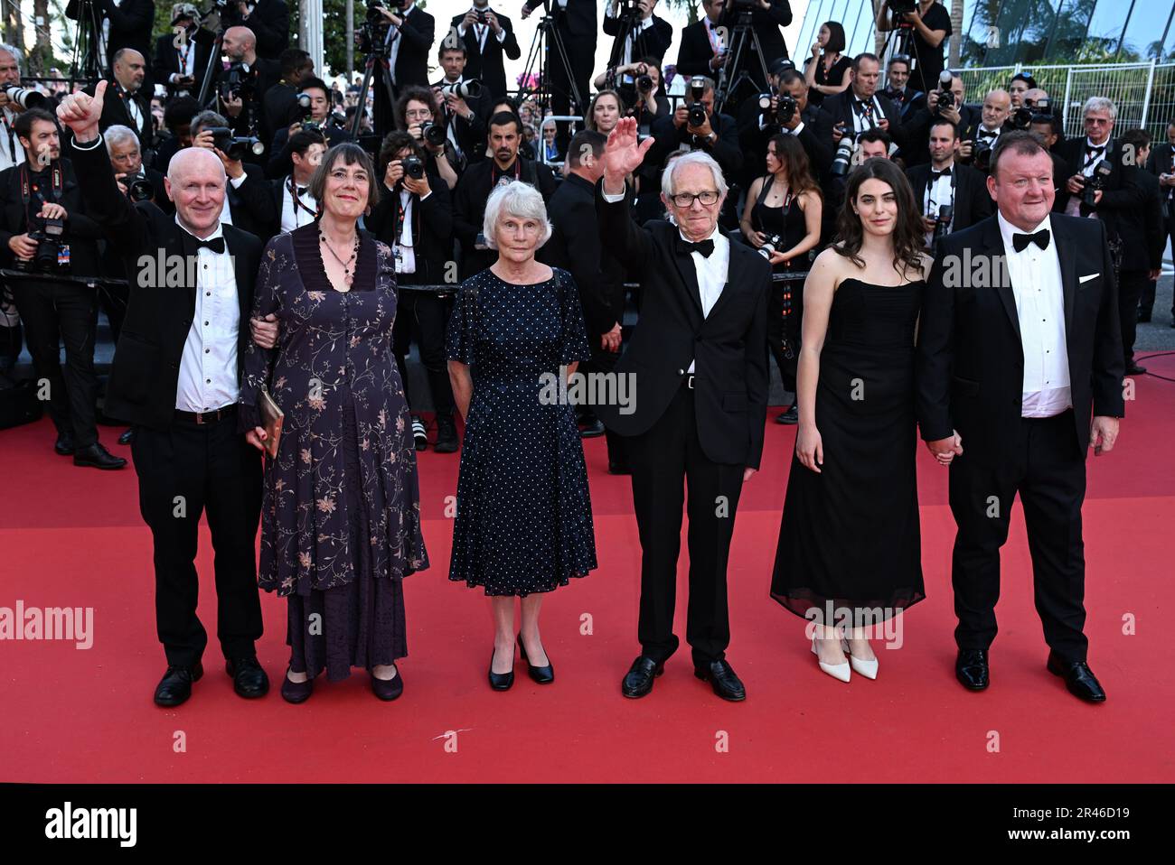 Cannes, France. 26th May, 2023. Cannes, France. May 26th, 2023. Paul Laverty, Rebecca O'Brien, Lesley Ashton, Director Ken Loach, Ebla Mari and Dave Turner arriving at the gala screening of The Old Oak, part of the 76th Cannes Film Festival, Palais des Festival. Credit: Doug Peters/Alamy Live News Stock Photo