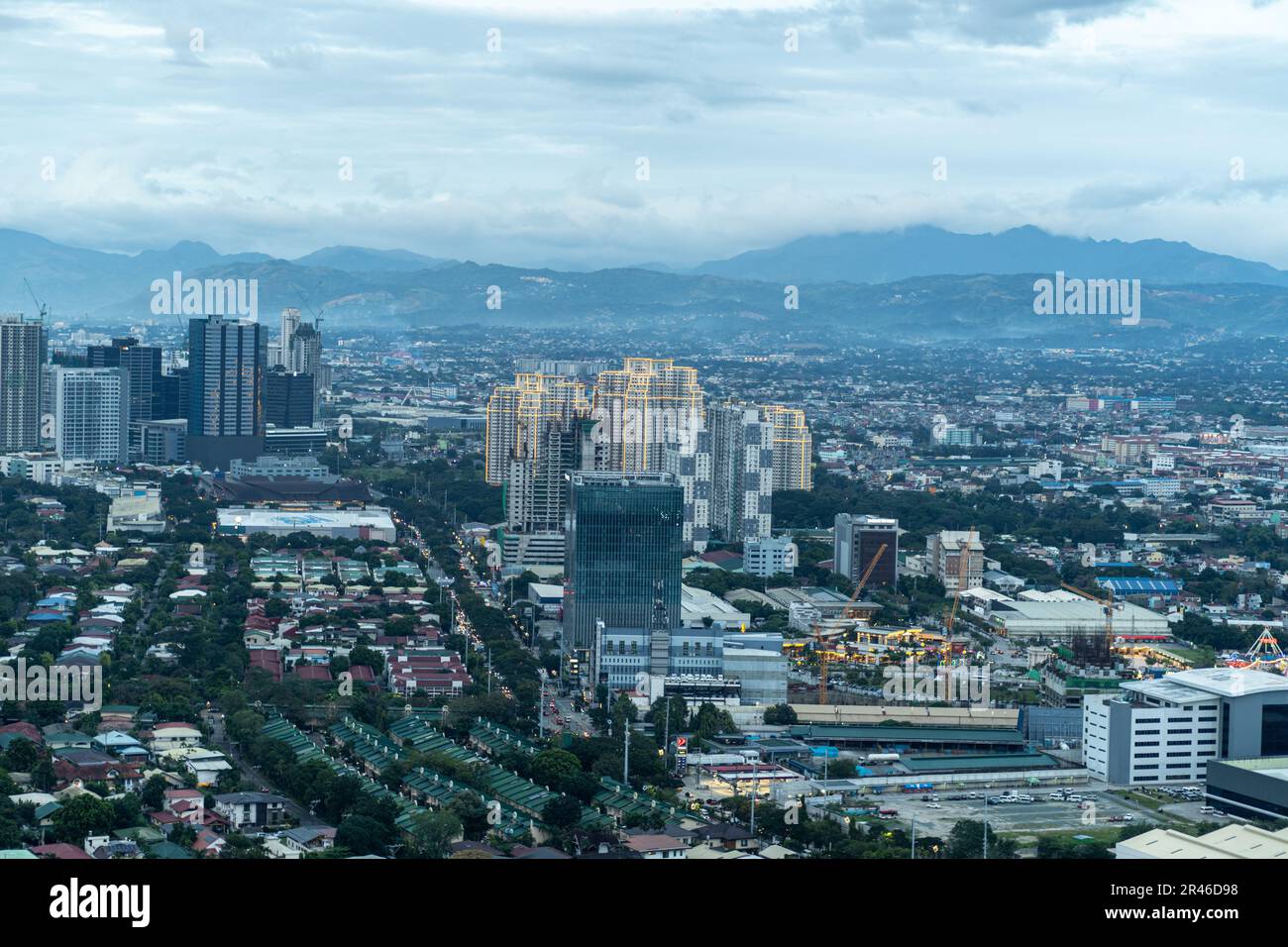 An aerial view of a city skyline features tall buildings and majestic ...