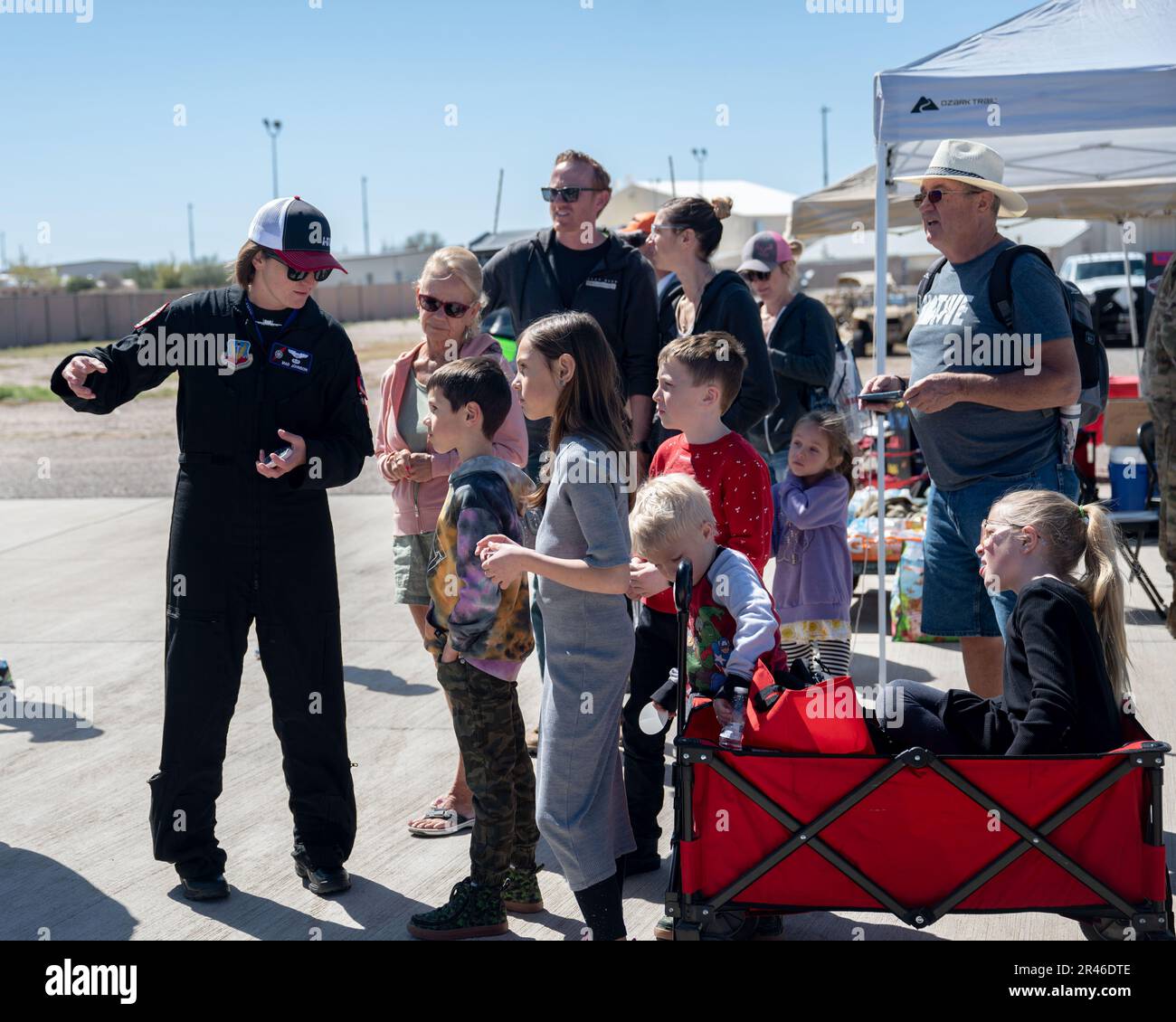 U.S. Air Force Capt. Lindsay “MAD” Johnson, A-10C Thunderbolt II Demonstration team commander and pilot, interacts with air show attendees at Davis-Monthan Air Force Base, Arizona, March 26, 2023. The airshow was open to the public as a way to connect the base and local community while also highlighting the mission and capabilities of the U.S. Air Force. Stock Photo