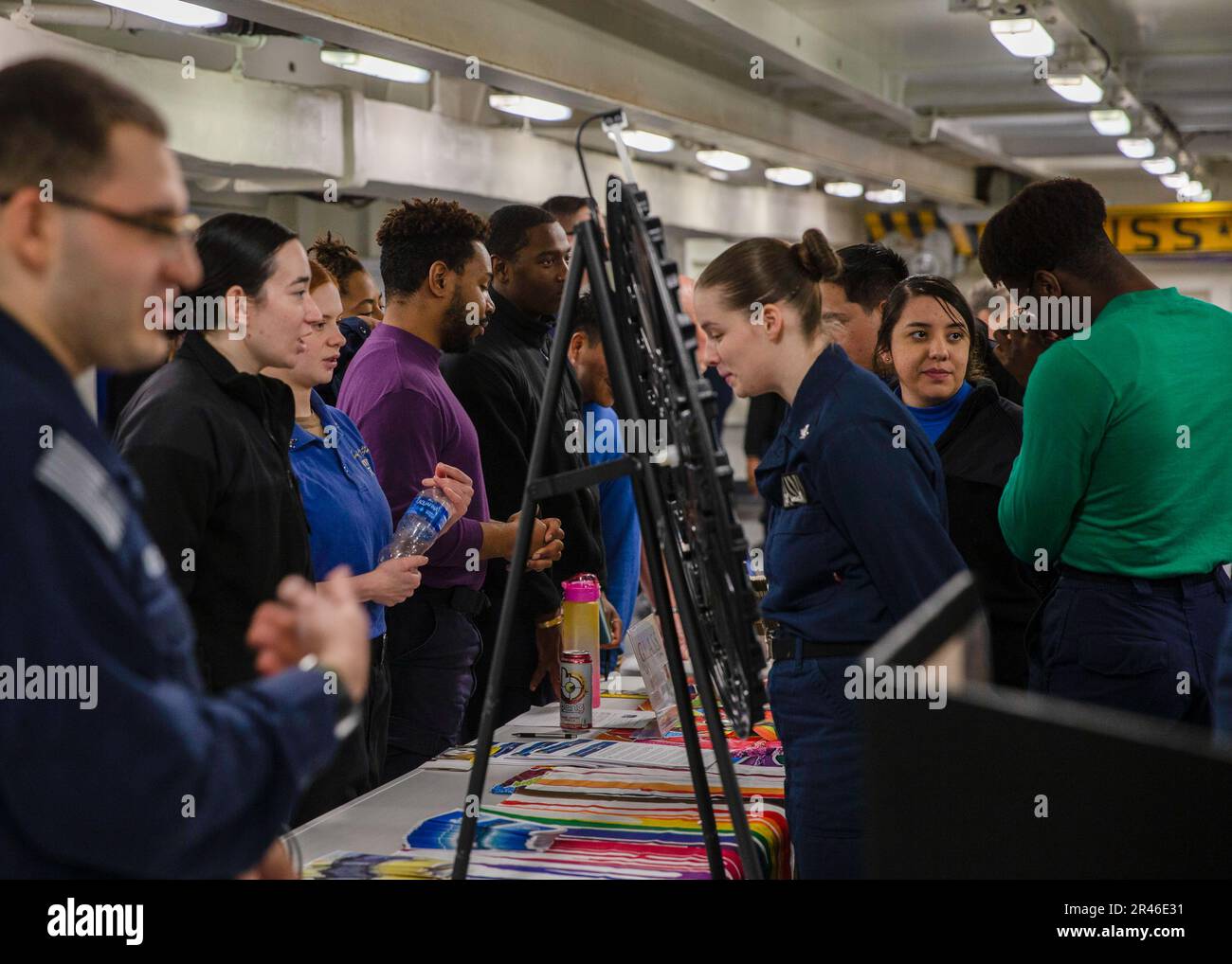 Sailors assigned to the first-in-class aircraft carrier USS Gerald R. Ford (CVN 78) attend a Self Care Fair hosted by Expanded Operational Stress Control in the FoÕcÕsle, March 29, 2023. Ford is underway in the Atlantic Ocean executing its Composite Training Unit Exercise (COMPTUEX), an intense, multi-week exercise designed to fully integrate a carrier strike group as a cohesive, multi-mission fighting force and to test their ability to carry out sustained combat operations from the sea. As the first-in-class ship of Ford-class aircraft carriers, CVN 78 represents a generational leap in the U. Stock Photo