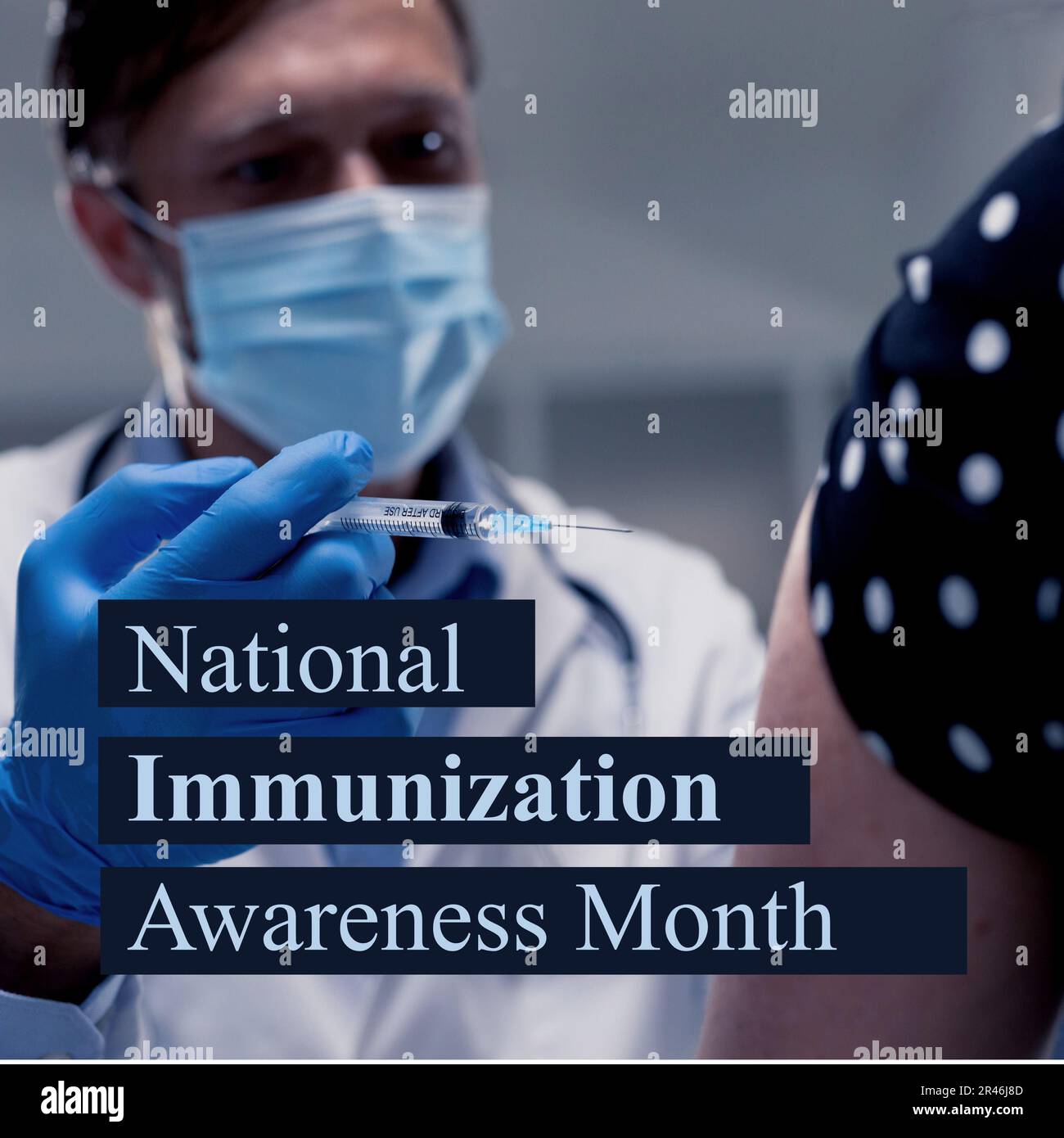 Composite of national immunization awareness month text and caucasian doctor injecting patient Stock Photo