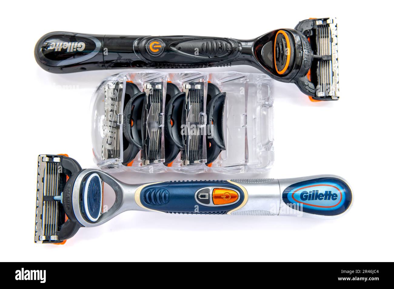 London. UK- 05.21.2023.Two Gillette razors and replacement blades isolated in white. Stock Photo