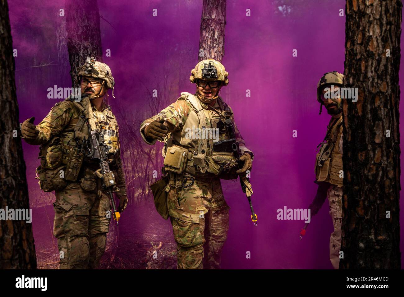 3rd Security Force Assistance Brigade Soldiers issue directions during an obstacle breach as part of a live fire rehearsal while participating in Joint Readiness Training Center Rotation 23-04, Feb. 21, 2023. United Arab Emirate soldiers from the 11th Mountain Battalion are participating in the training rotation alongside U.S. Army Soldiers from the 2nd Brigade Combat Team, 10th Mountain Division, and 3rd Security Force Assistance Brigade. UAE soldiers will train alongside a U.S. Army brigade throughout this JRTC rotation to increase tactical interoperability and readiness. Stock Photo