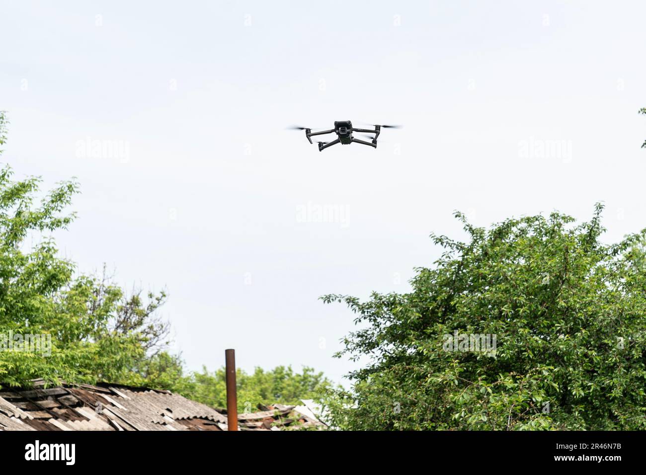DJI Mavic 3 drone belonging to Special Ukrainian army unit of drones starts reconnaissance of positions of Russian forces using Starlink technology in undisclosed location in Donbas of Ukraine on May 26, 2023 Stock Photo