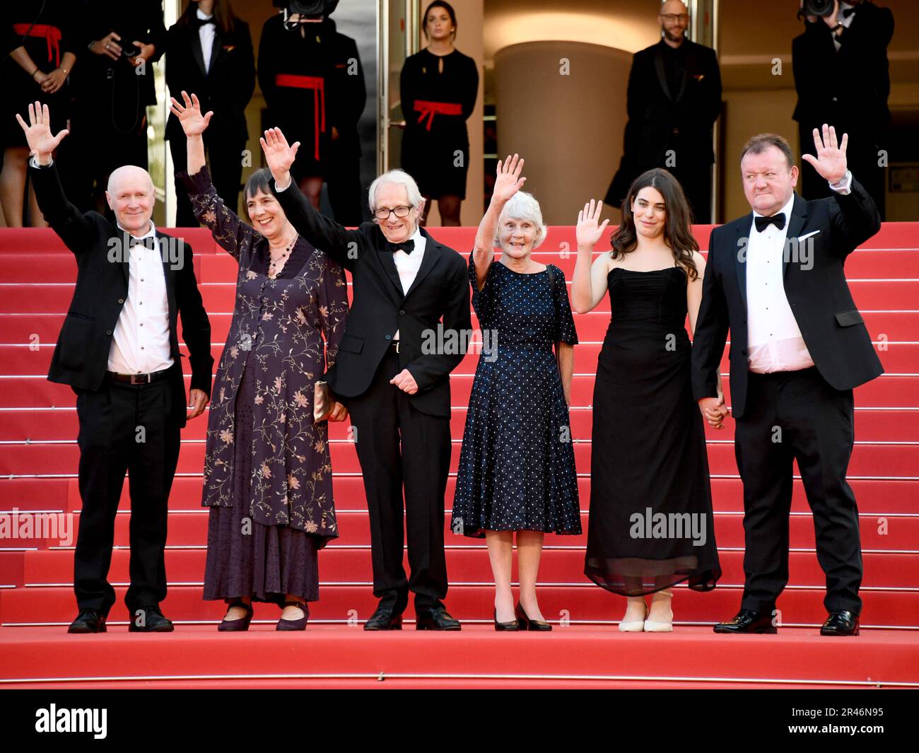 Cannes, France. 22nd May, 2023. 76th Cannes Film Festival 2023, evening 11 - Red Carpet film 'The Old Oak' . PicturedPaul Laverty, Rebecca O'Brien, Director Ken Loach, Lesley Ashton, Ebla Mari and Dave Turner Credit: Independent Photo Agency/Alamy Live News Stock Photo