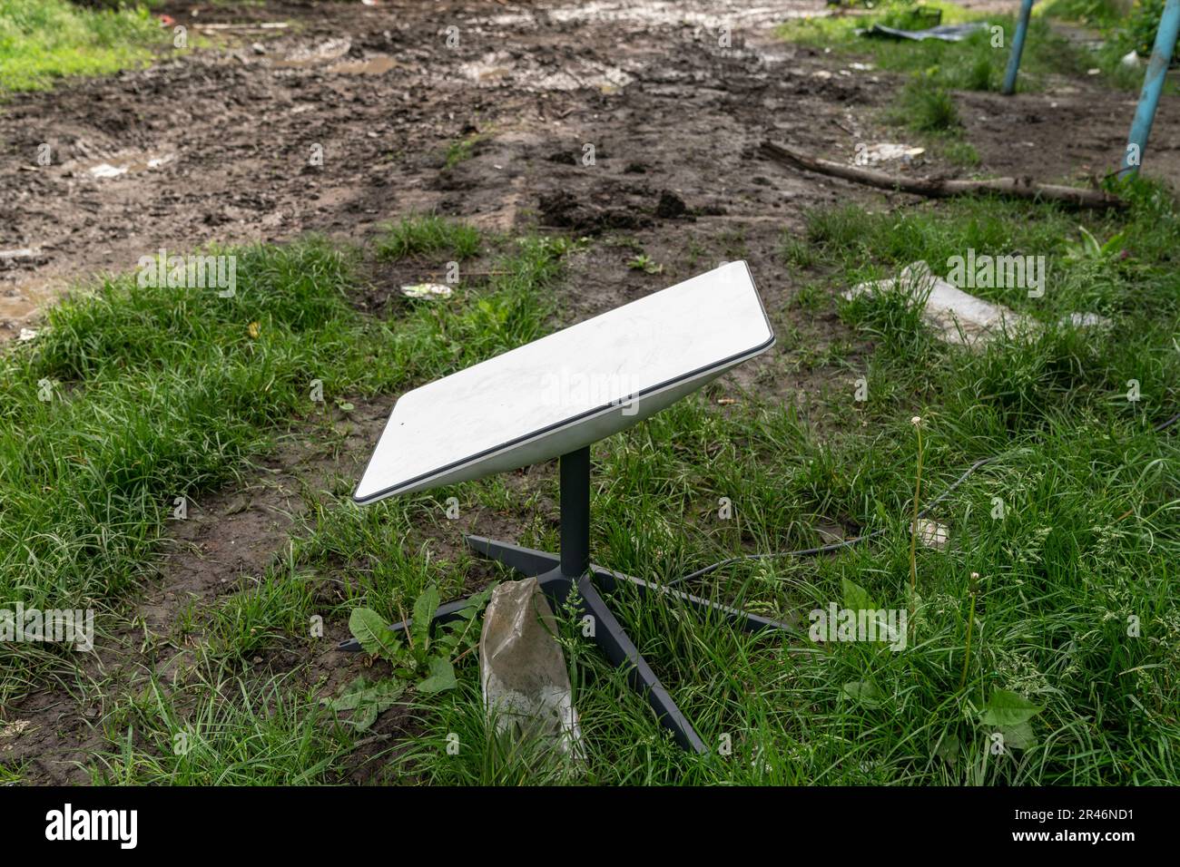 Starlink terminal seen in close proximity of place where members of Special Ukrainian army unit of drones operate DJI Mavic 3 drone to reconnaissance positions of Russian forces in undisclosed location in Donbas of Ukraine on May 26, 2023 Stock Photo