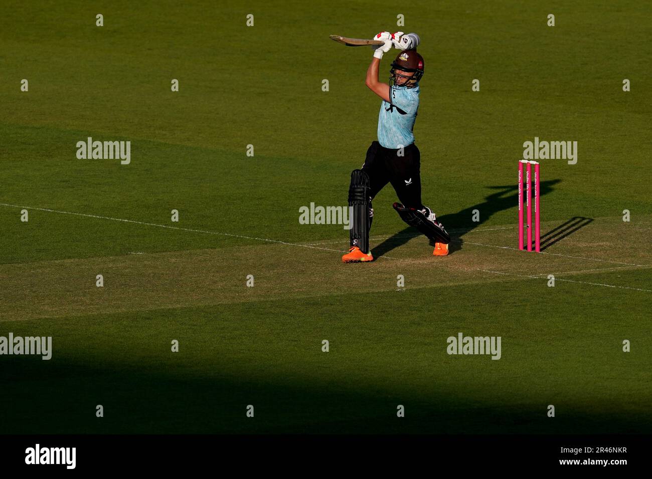 Surrey’s Sam Curran hits out on his way to a score of 15 during the Vitality Blast T20 match at the Kia Oval, London Picture date: Friday May 26, 2022. Stock Photo