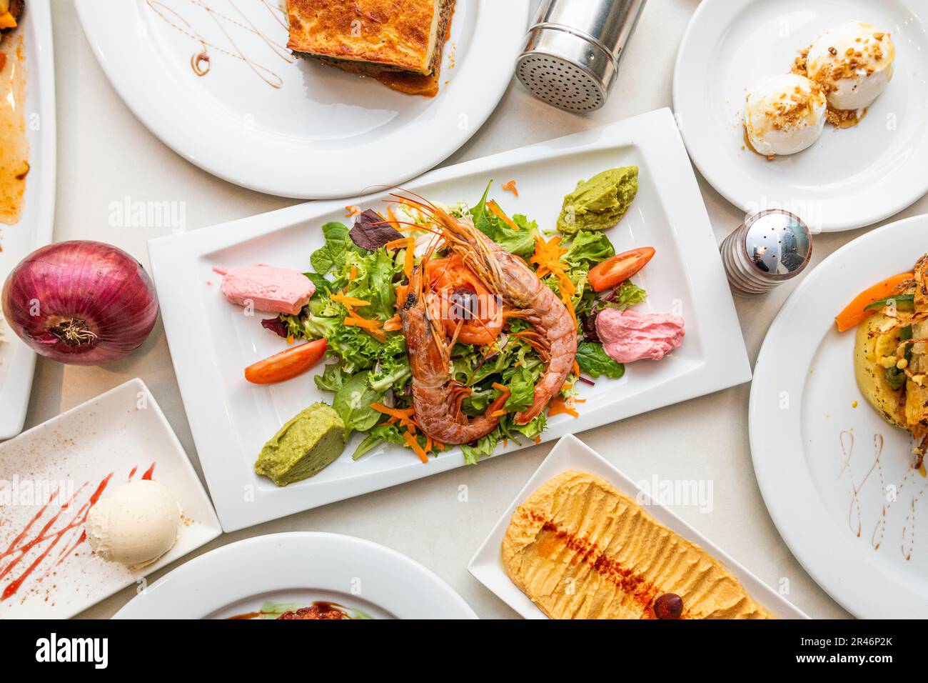 A set of food dishes from Greece and mix of flavors from the Middle