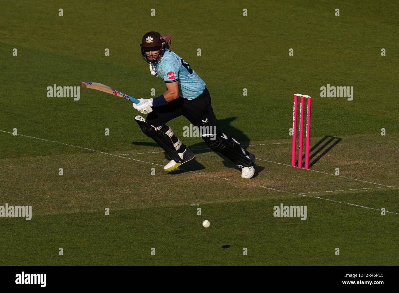 Surrey’s Tom Curran hits out on his way to a score of 16 during the Vitality Blast T20 match at the Kia Oval, London Picture date: Friday May 26, 2022. Stock Photo