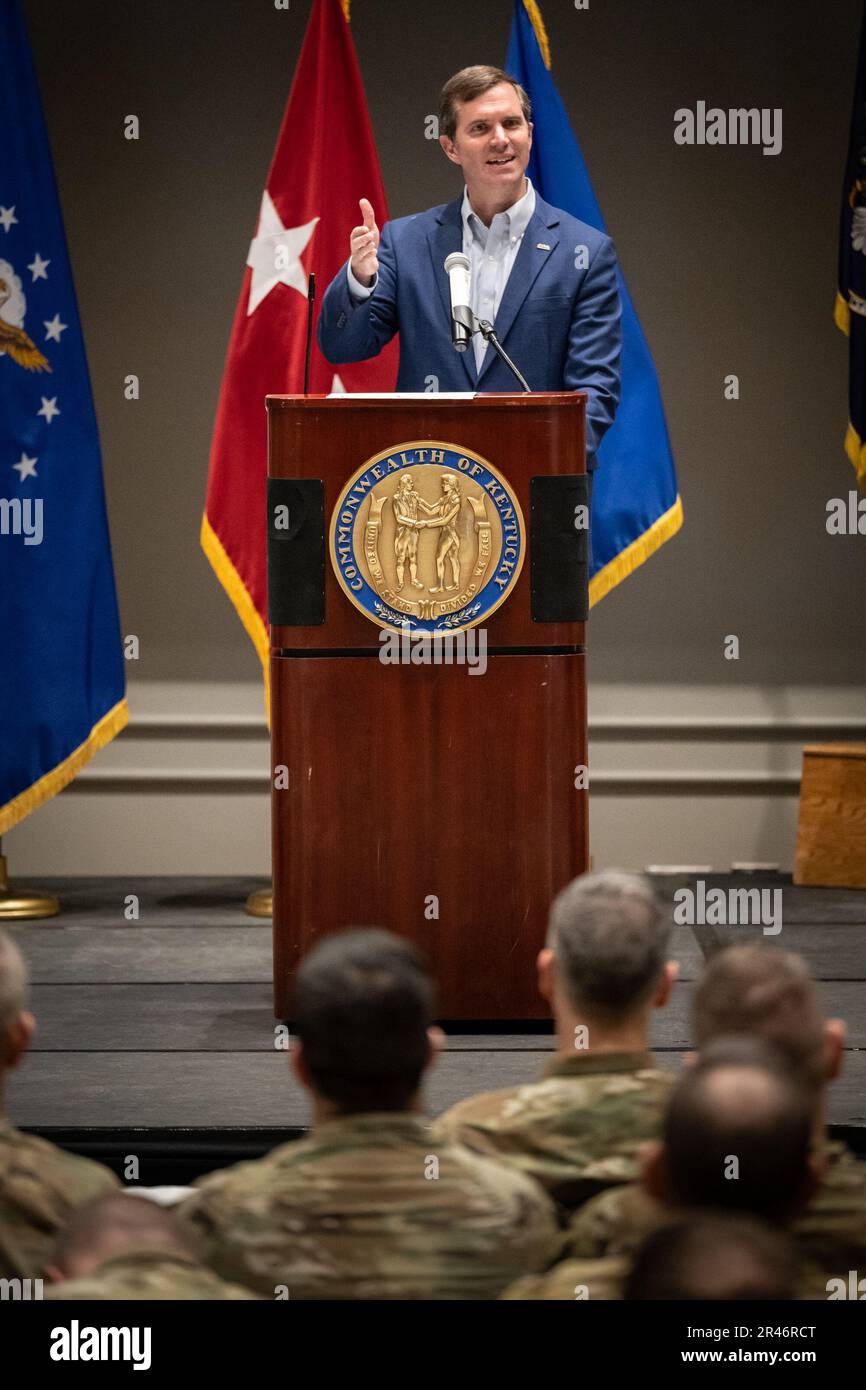Kentucky Gov. Andy Beshear addresses more than 900 Soldiers and Airmen
