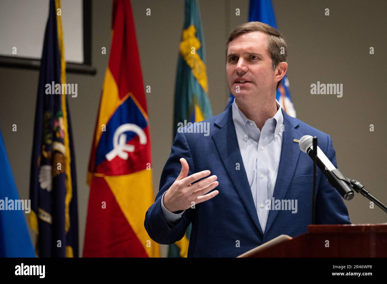 Kentucky Gov. Andy Beshear addresses more than 900 Soldiers and Airmen