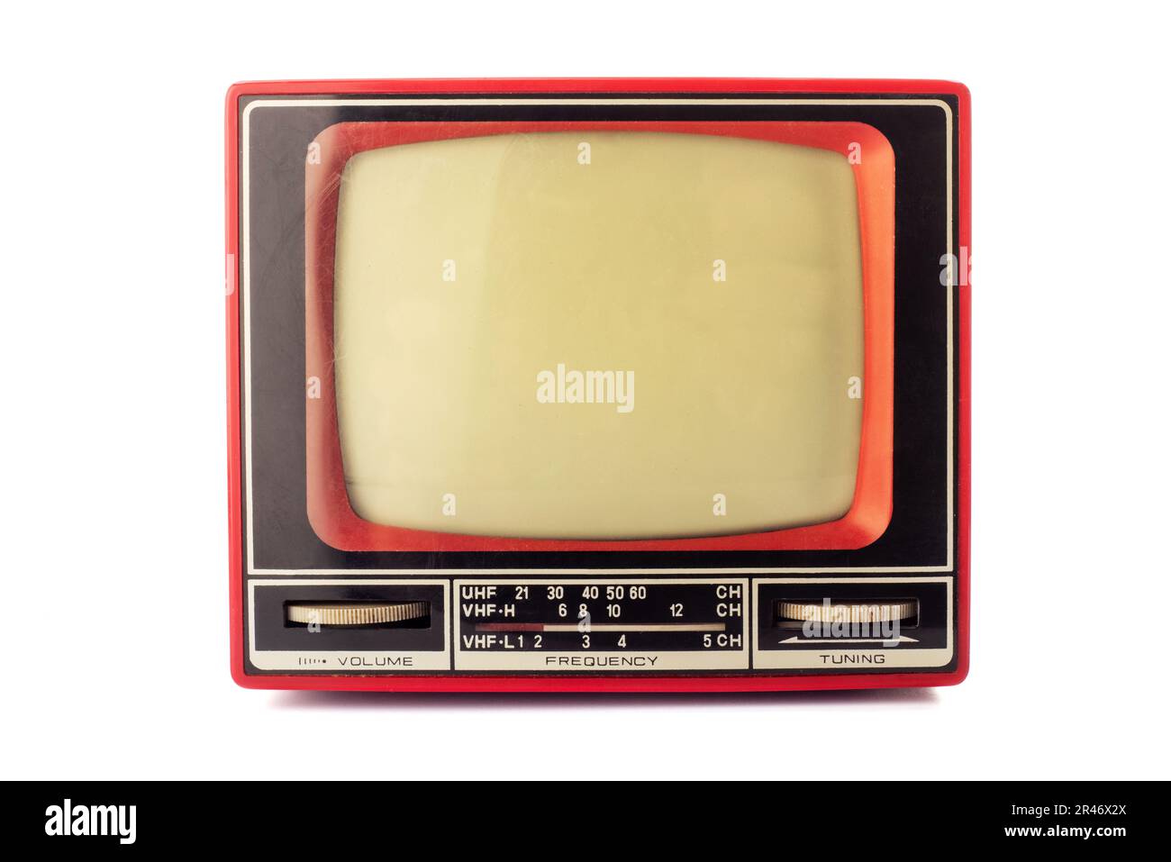 Old vintage portable TV set isolated on white background Stock Photo
