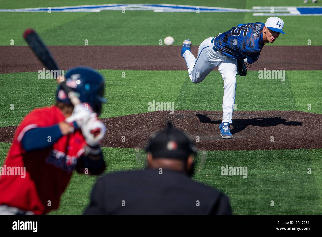 U.S. AIR FORCE ACADEMY, Colo. – U.S. Air Force Academy cadet Jake Sansing pitches against Fresno State during a game at Falcon Field in Colorado Springs, Colo., on April 6, 2023. Fresno State fell to the Falcons after seven innings to take the Falcons to a 13-4 Friday afternoon win. Stock Photo