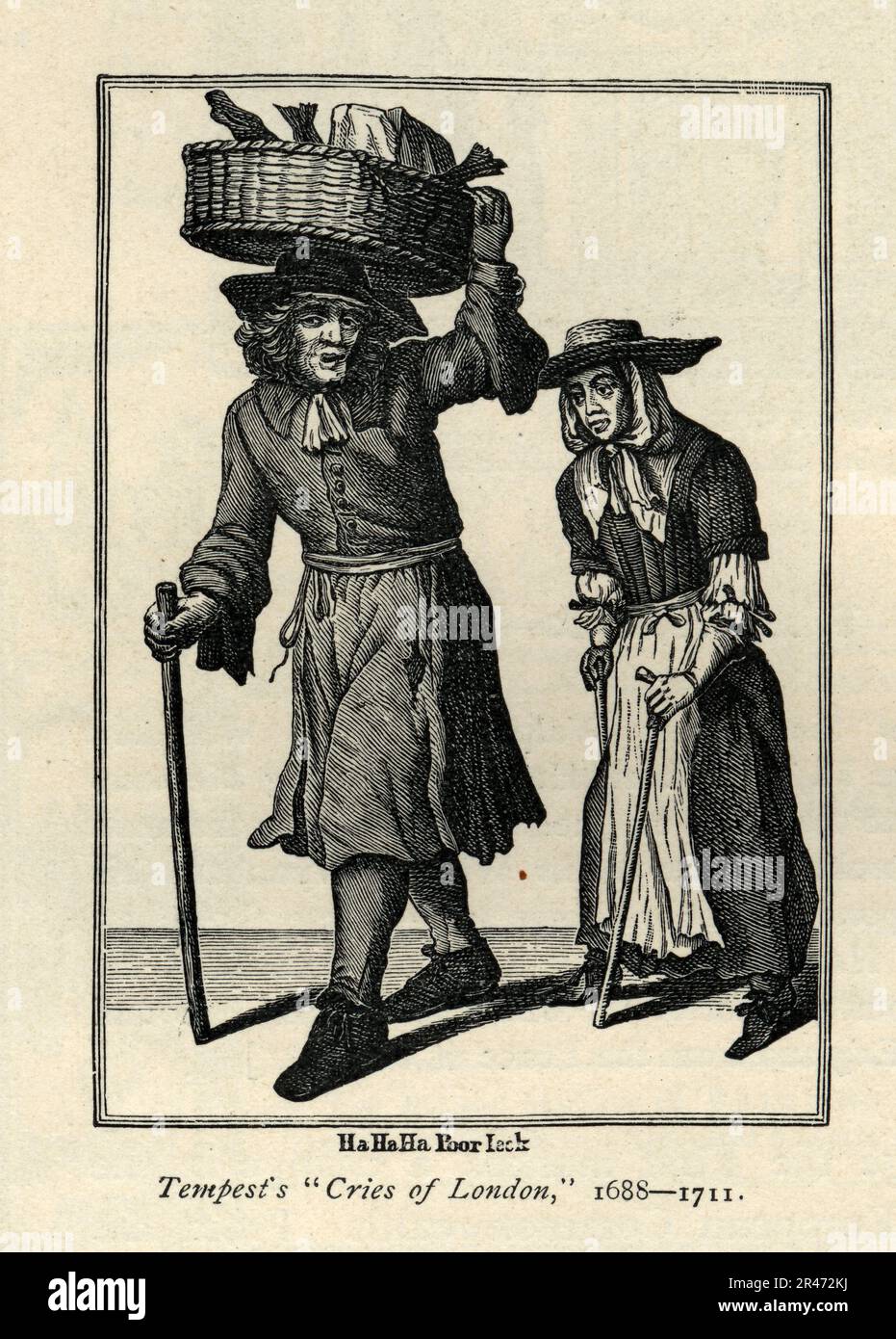 Tempest's Cries of London, Street vendor carrying basket on his head, 18th Century British History, Vintage Illustration Stock Photo