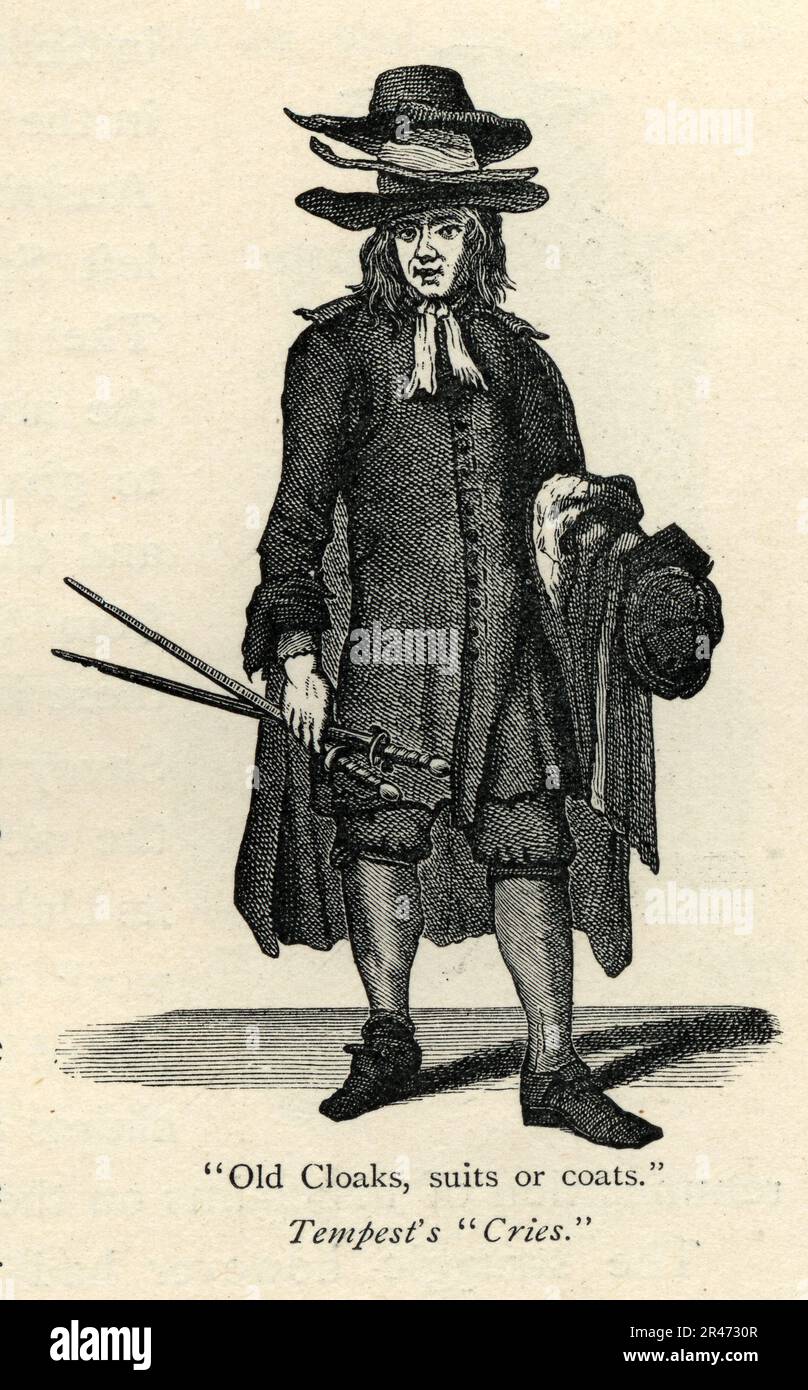 Tempest's Cries of London, Street vendor selling second hand clothes, old cloaks, suits or coats, 18th Century British History, Vintage Illustration Stock Photo