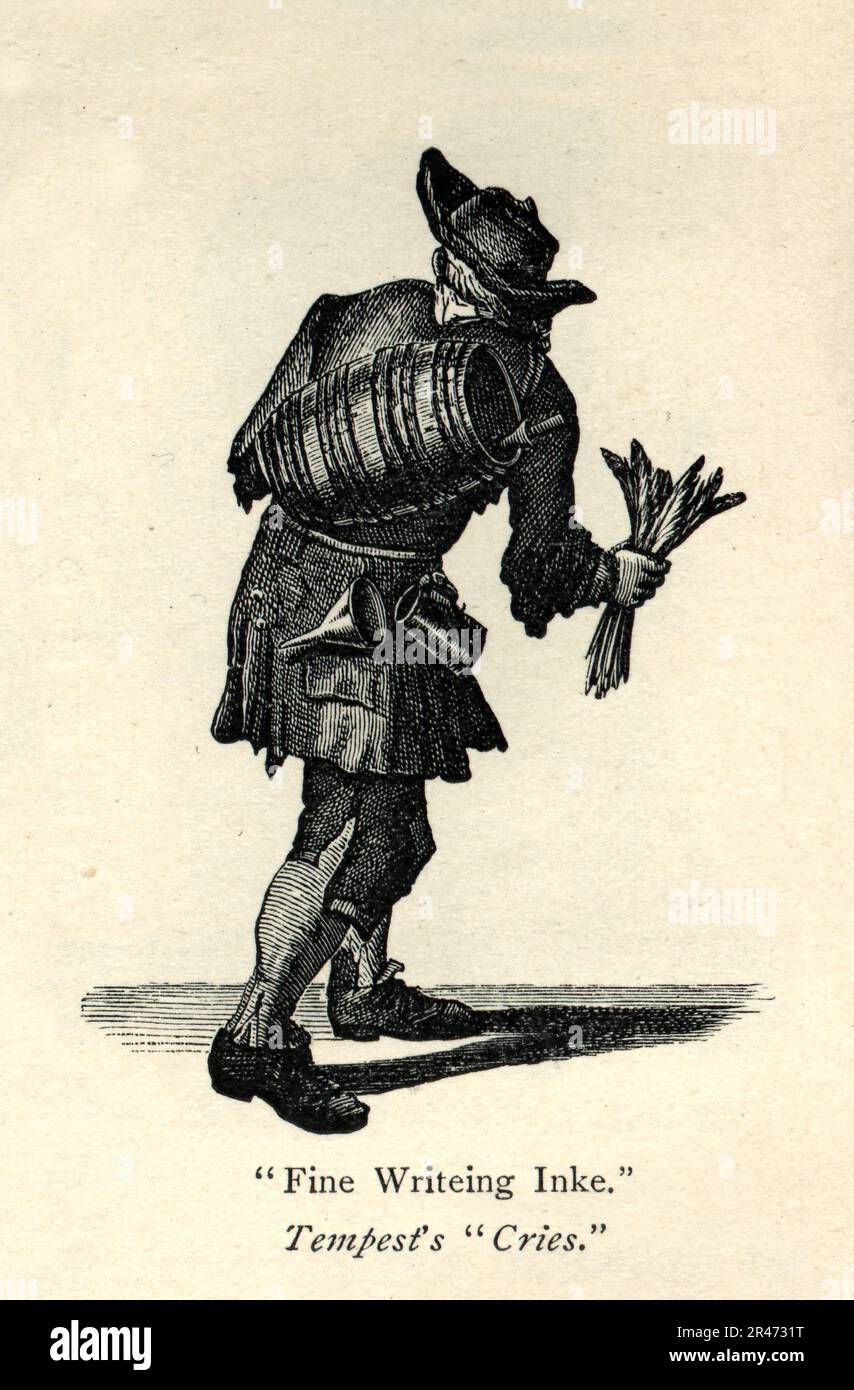 Tempest's Cries of London, Street vendor selling writing quills and ink, 18th Century British History, Vintage Illustration Stock Photo