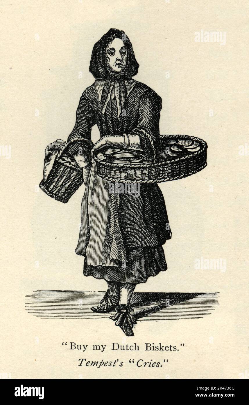 Tempest's Cries of London, Street vendor, woman selling Dutch biscuits from a basket, 18th Century British History, Vintage Illustration Stock Photo