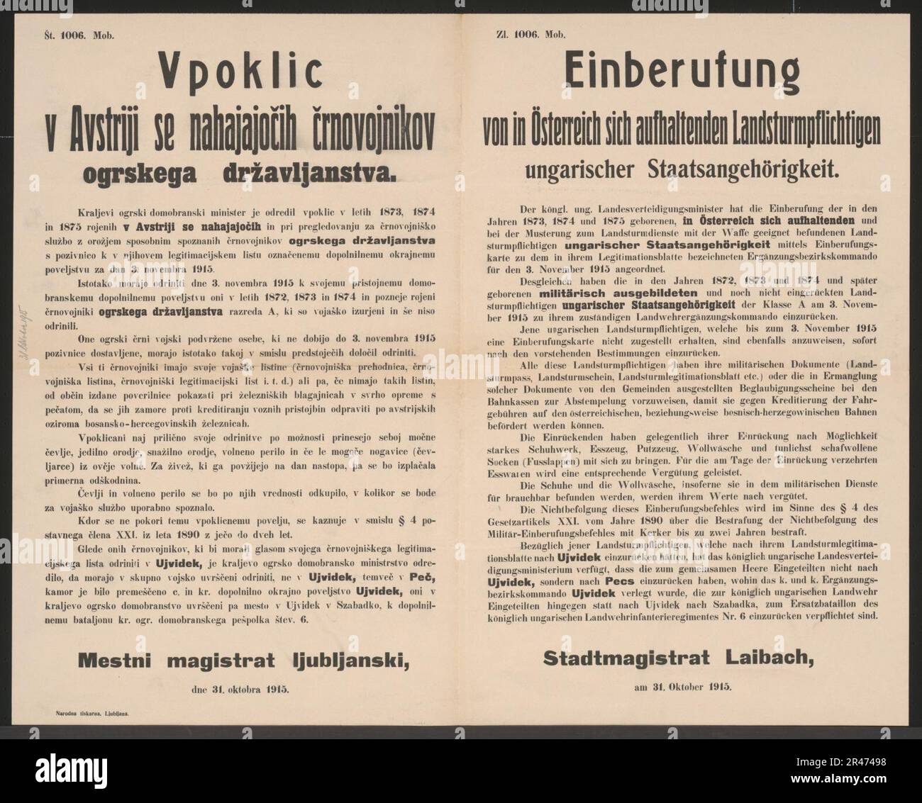 Ungarische Landsturmpflichtige - Einberufung - Laibach - Mehrsprachiges Plakat 1915 Stock Photo