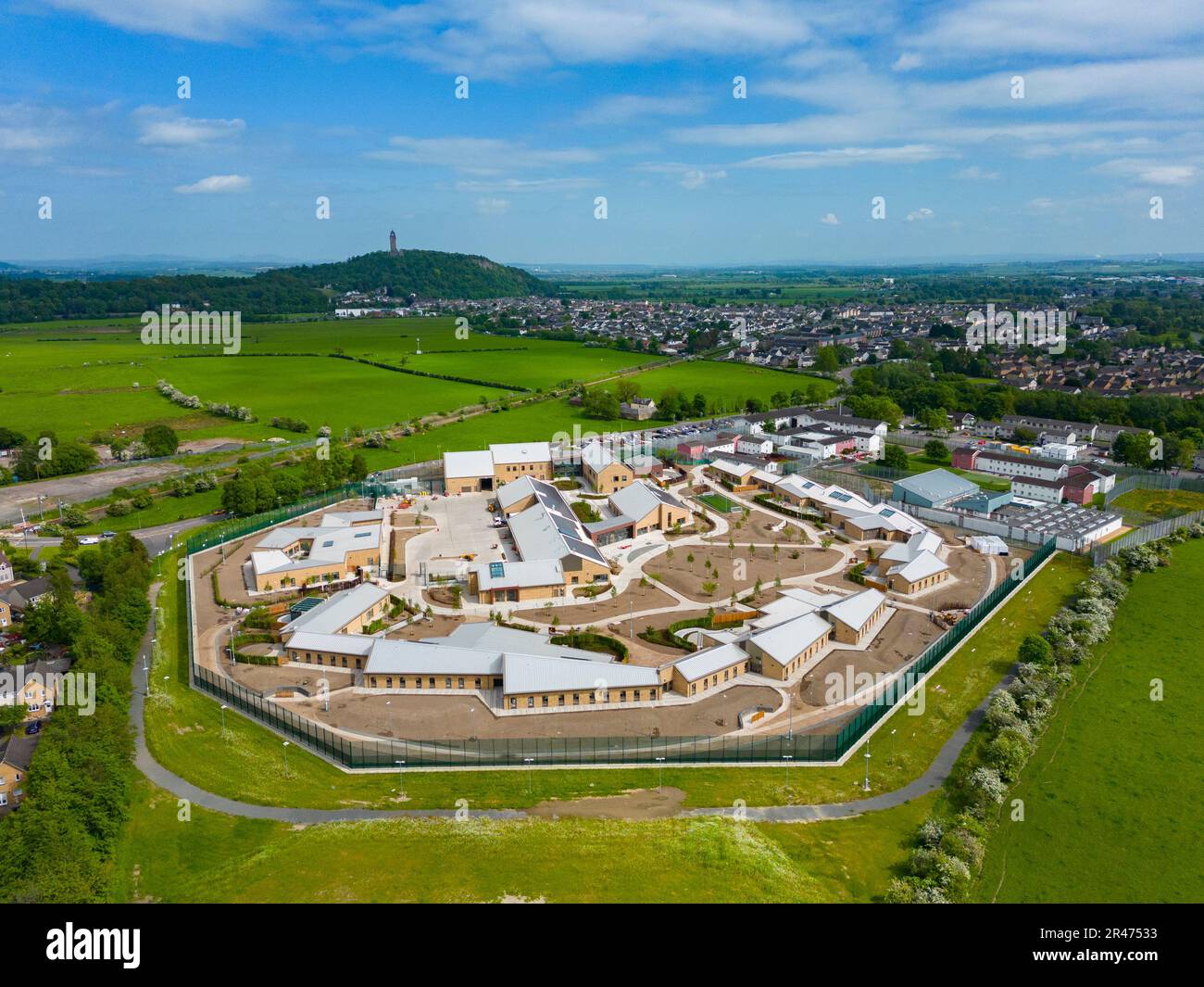 Aerial view before opening of new HMP and YOI Stirling Prison which replaces HMP Cornton Vale in Stirling, Scotland, UK Stock Photo