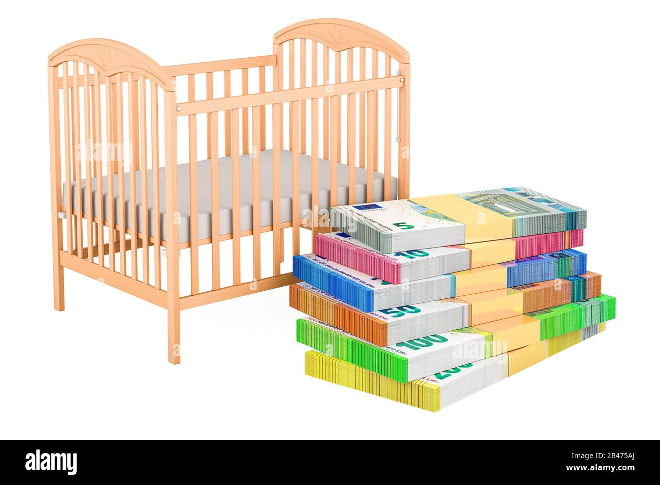 Baby crib, infant bed with money, euro packs. 3D rendering isolated on