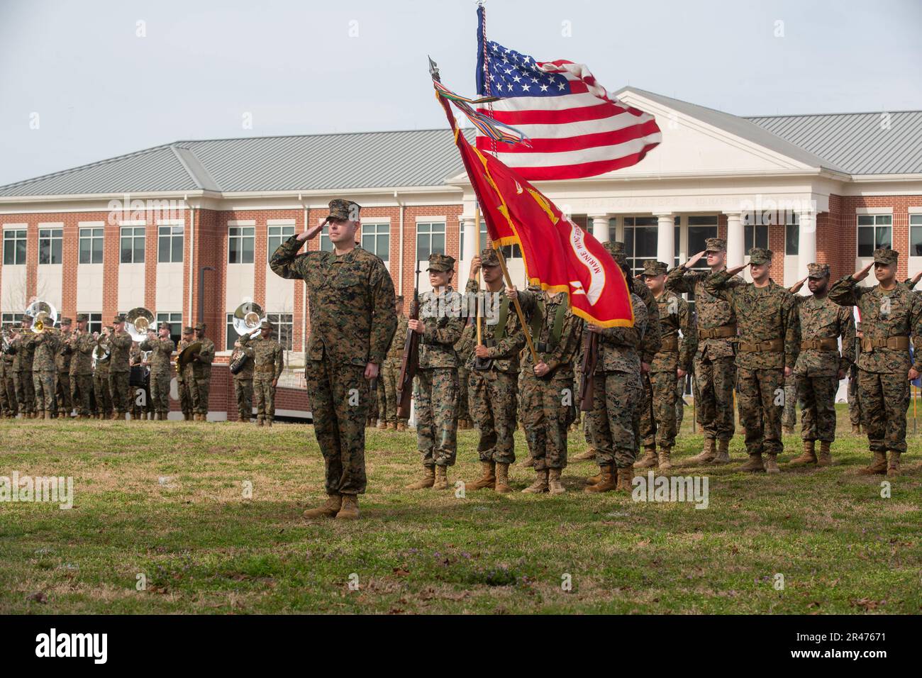 U.S. Marine Corps Sgt. Maj. Jeremy P. Johnson, outgoing sergeant major of Marine Wing Headquarters Squadron (MWHS) 2, salutes during a relief and appointment ceremony at Marine Corps Air Station Cherry Point, North Carolina, Feb. 16, 2023. The ceremony represented a transfer of responsibility, authority, and accountability from Johnson to Sgt. Maj. Joseph R. Walling. MWHS-2 is a subordinate unit of 2nd Marine Aircraft Wing, the aviation combat element of II Marine Expeditionary Force. Stock Photo