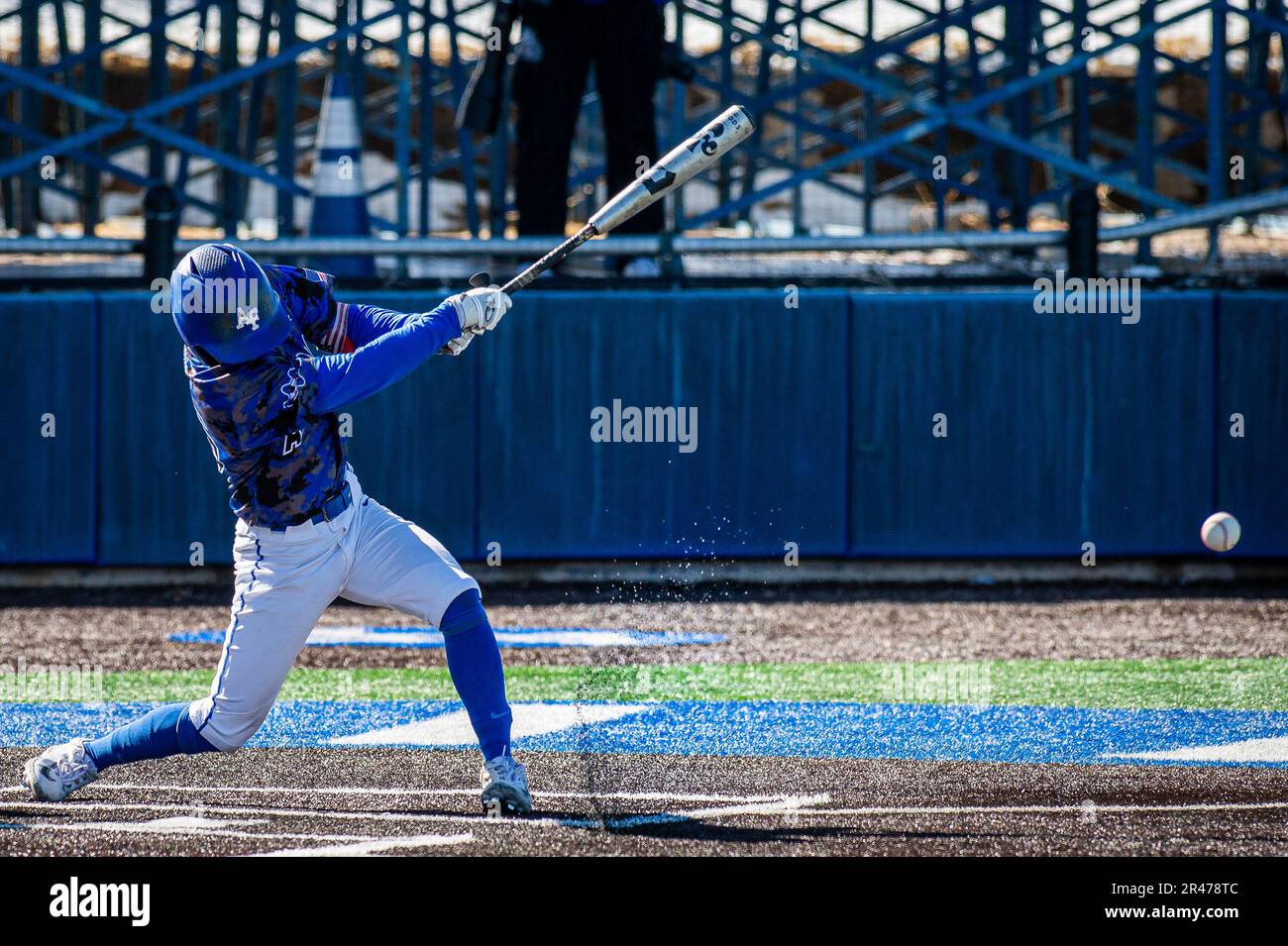 U.S. AIR FORCE ACADEMY, Colo. – U.S. Air Force Academy cadet Trayden Tamiya connects with a pitch from Fresno State during a game at Falcon Field in Colorado Springs, Colo., on April 6, 2023. Fresno State fell to the Falcons after seven innings to take the Falcons to a 13-4 Friday afternoon win. Stock Photo