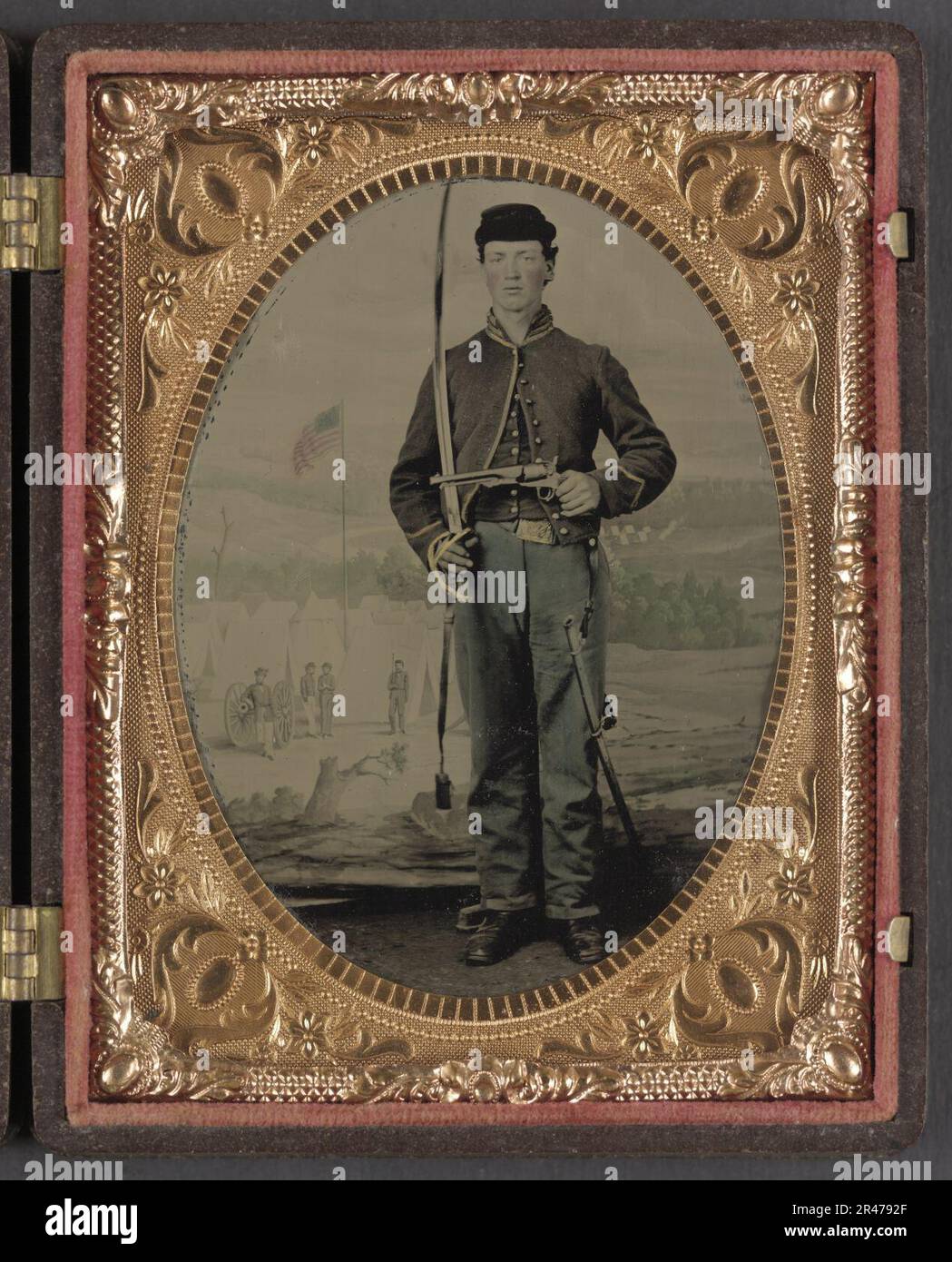 Unidentified soldier in Union cavalry uniform with sword and pistol in ...