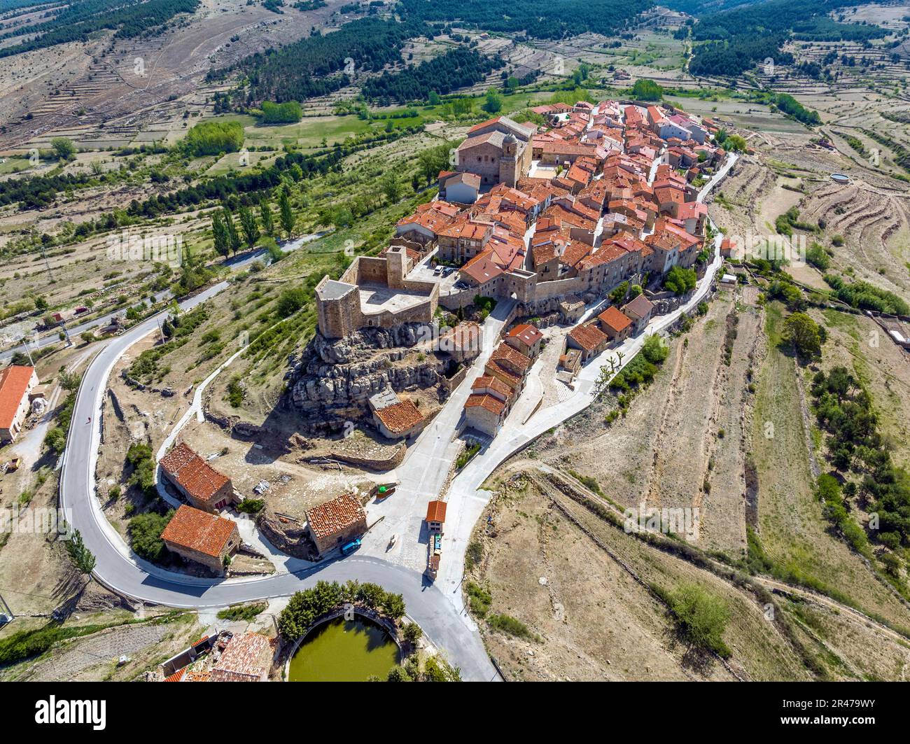 Puertomingalvo province of Teruel listed as beautiful towns of Spain  Aerial panoramic aerial view Stock Photo