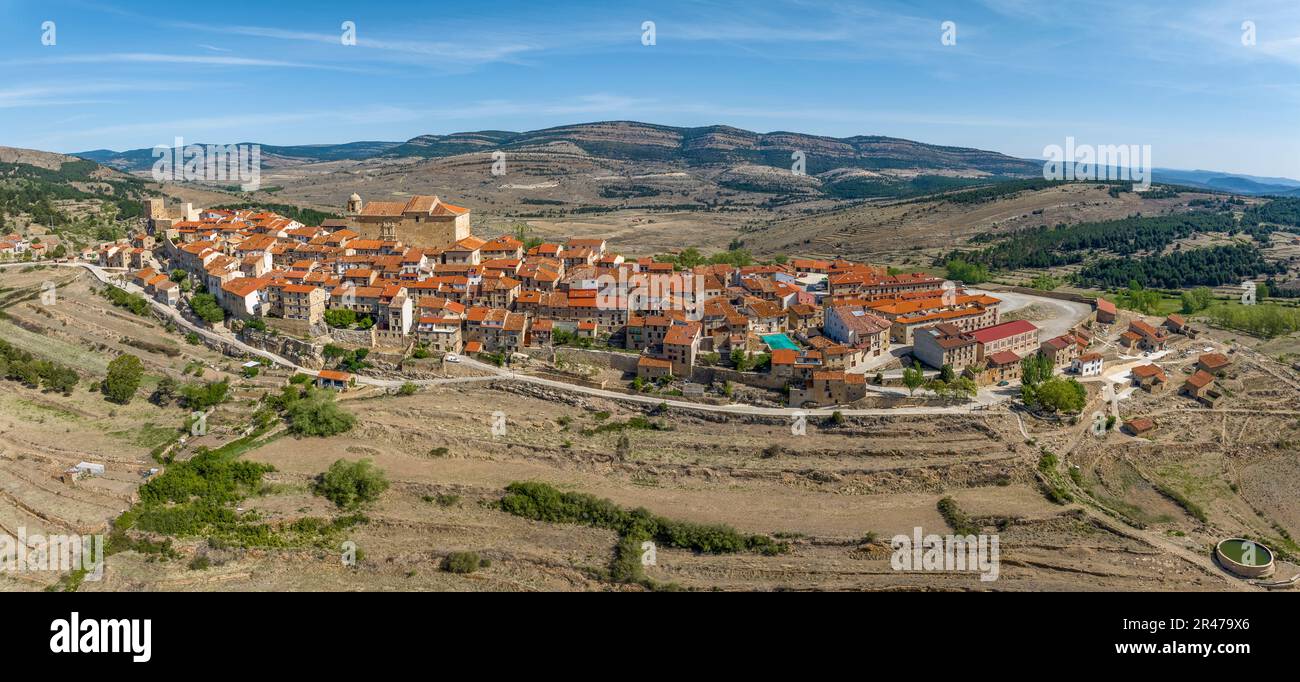 Aerial panoramic view of Puertomingalvo province of Teruel listed as beautiful towns of Spain Stock Photo