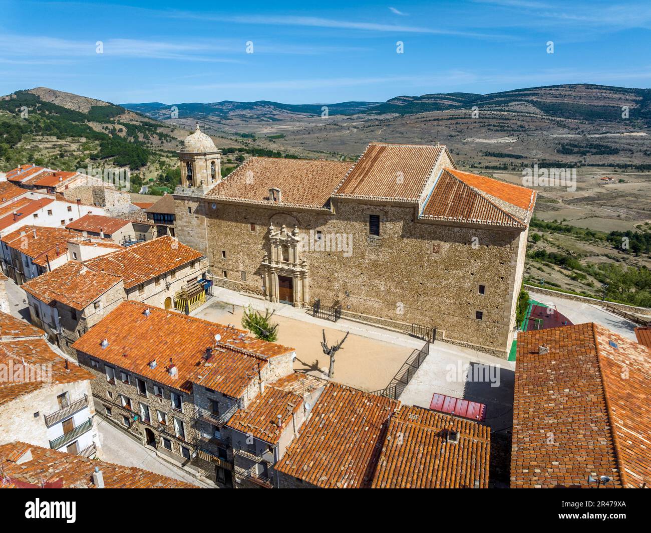 Puertomingalvo province of Teruel listed as beautiful towns of Spain Close-up Church of the Purification of Our Lady Stock Photo