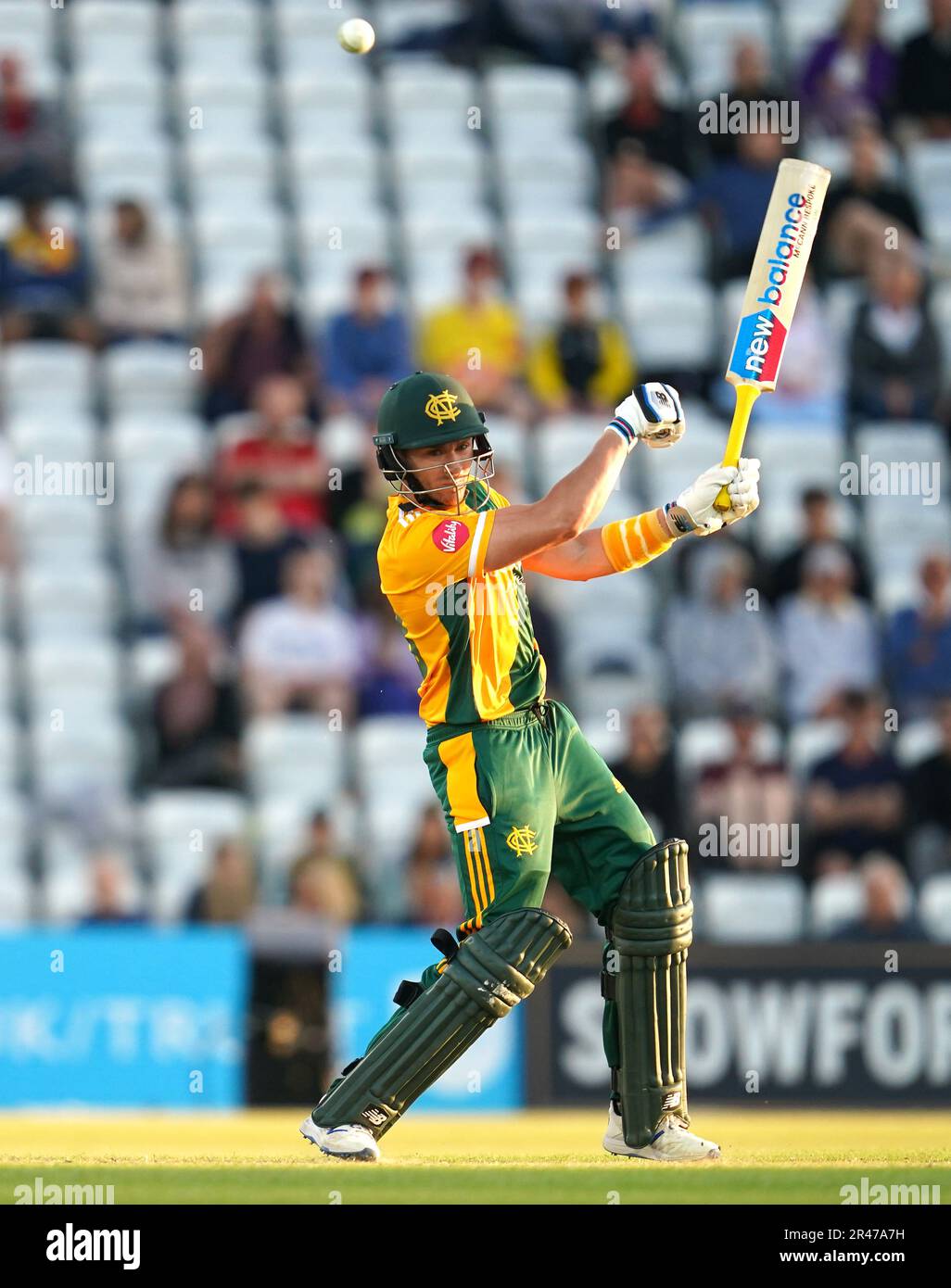 Nottinghamshire's Joe Clarke strikes the ball for a four during the