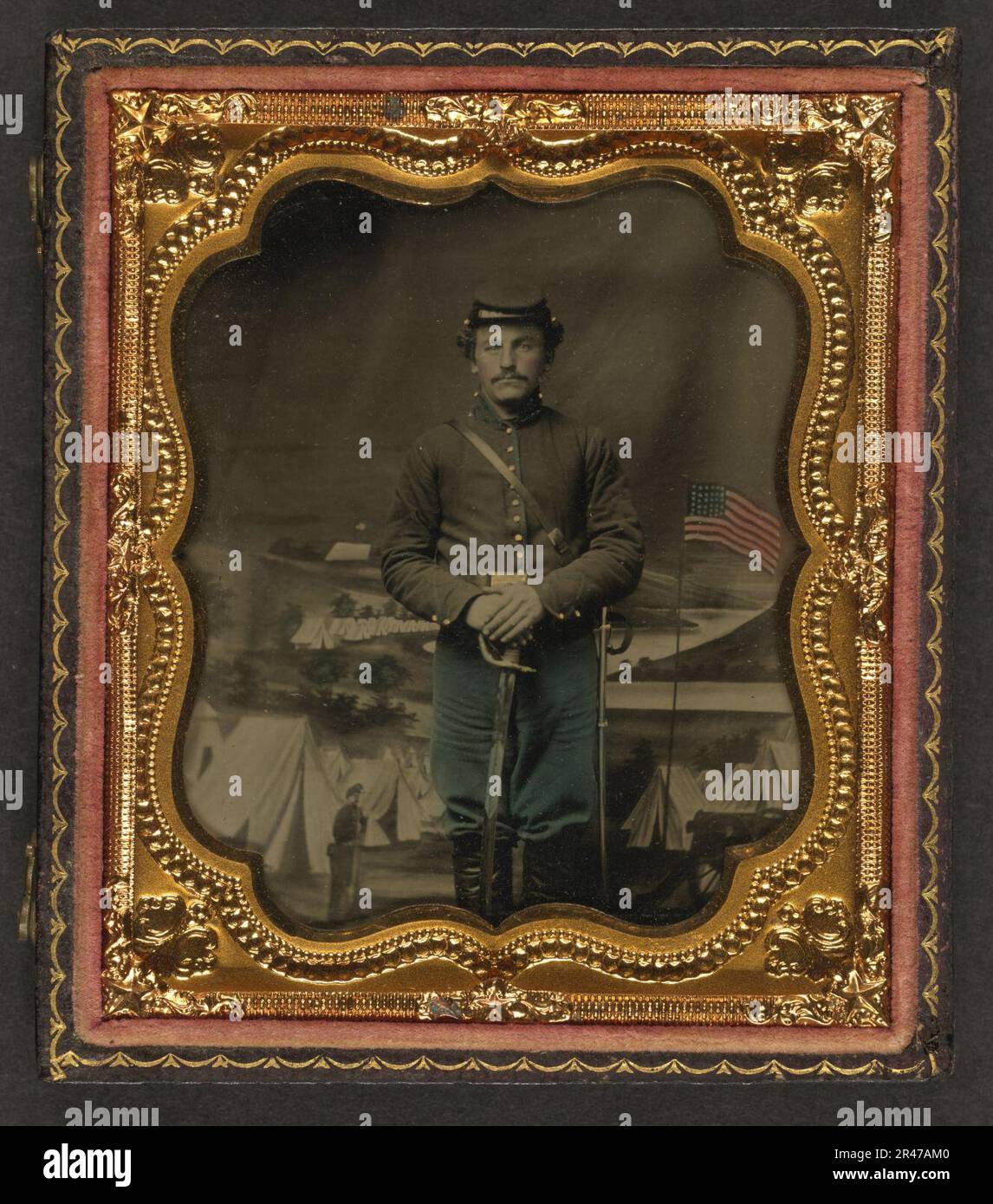 Unidentified soldier in Union uniform with sword in front of painted ...