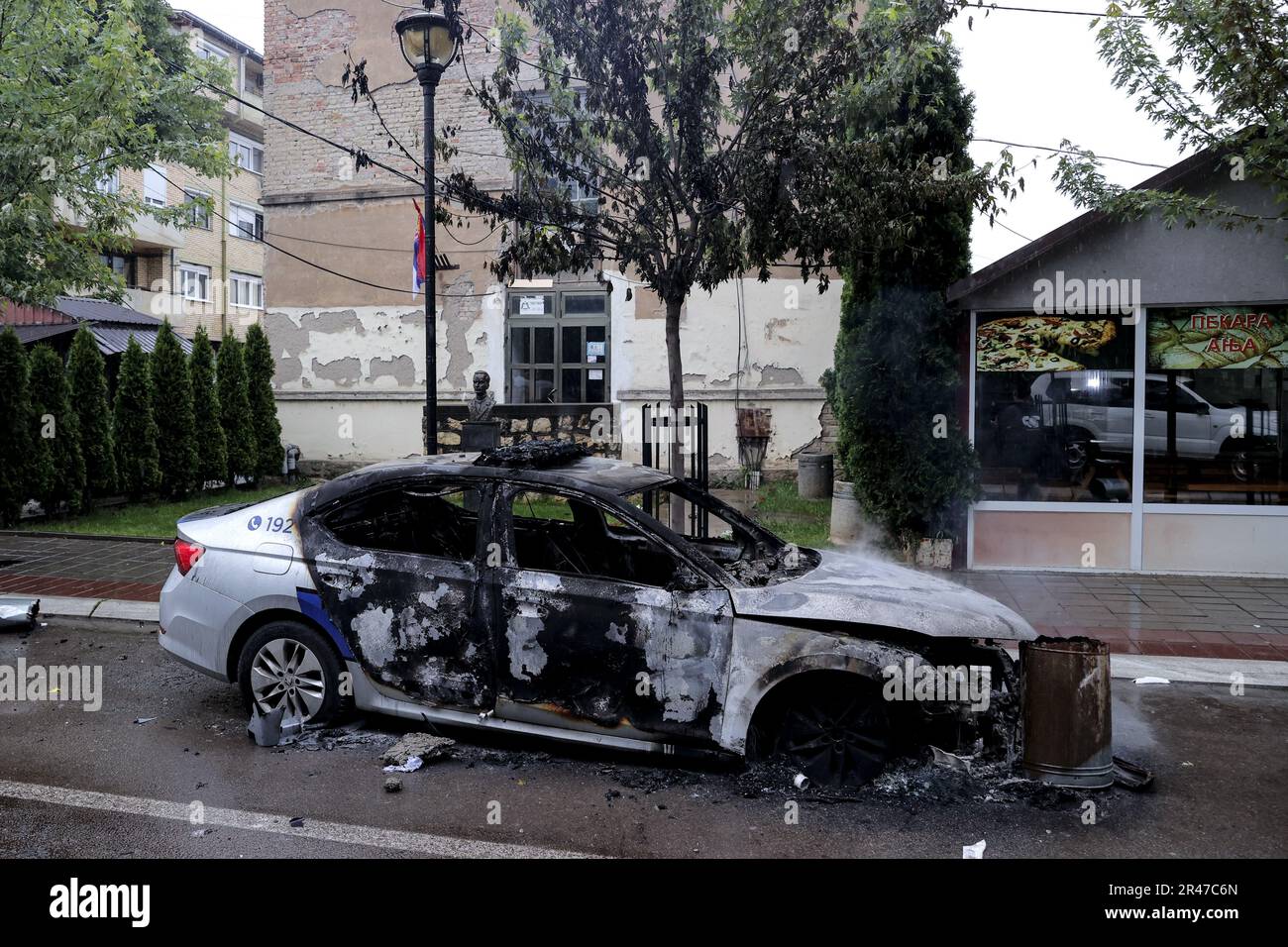 Zvecan, Kosovo. 26th May, 2023. A burned police in Zvecan, Kosovo, on ...