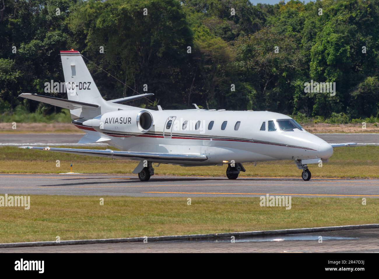Cessna 560XL Citation Excel (CC-DCZ) from Aviasur, a Chilean private passenger transport company, taxis after landing at Santarem Airport (SBSN) Stock Photo