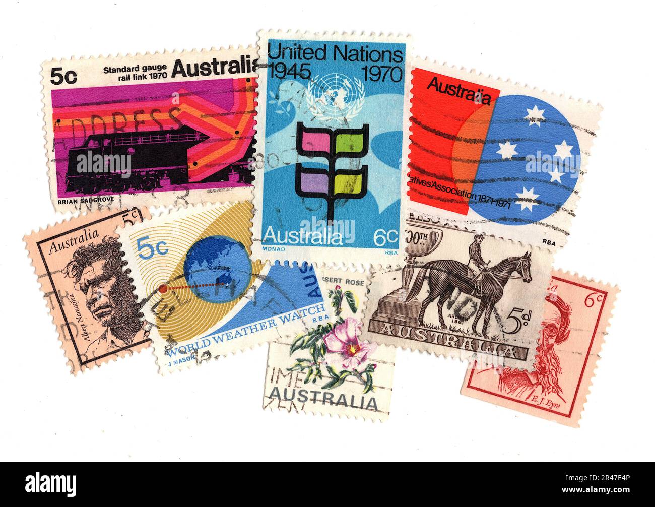 Vintage postage stamps from Australia featuring heritage isolated on a ...