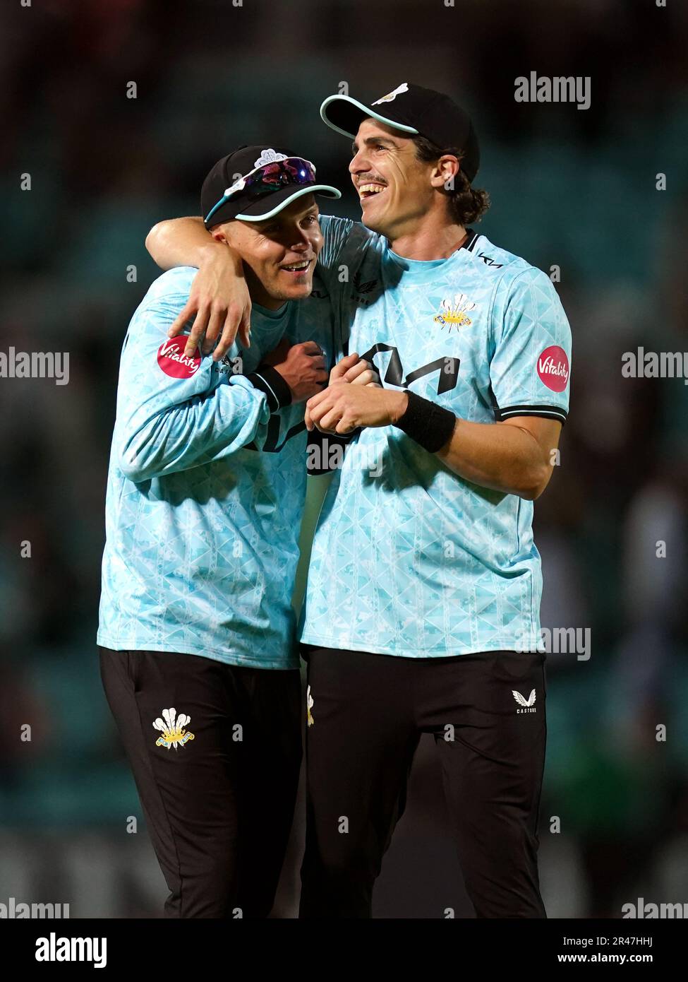 Surrey’s Sean Abbott (right) celebrates victory at the end of the match with Sam Curran, (left) during the Vitality Blast T20 match at the Kia Oval, London Picture date: Friday May 26, 2022. Stock Photo