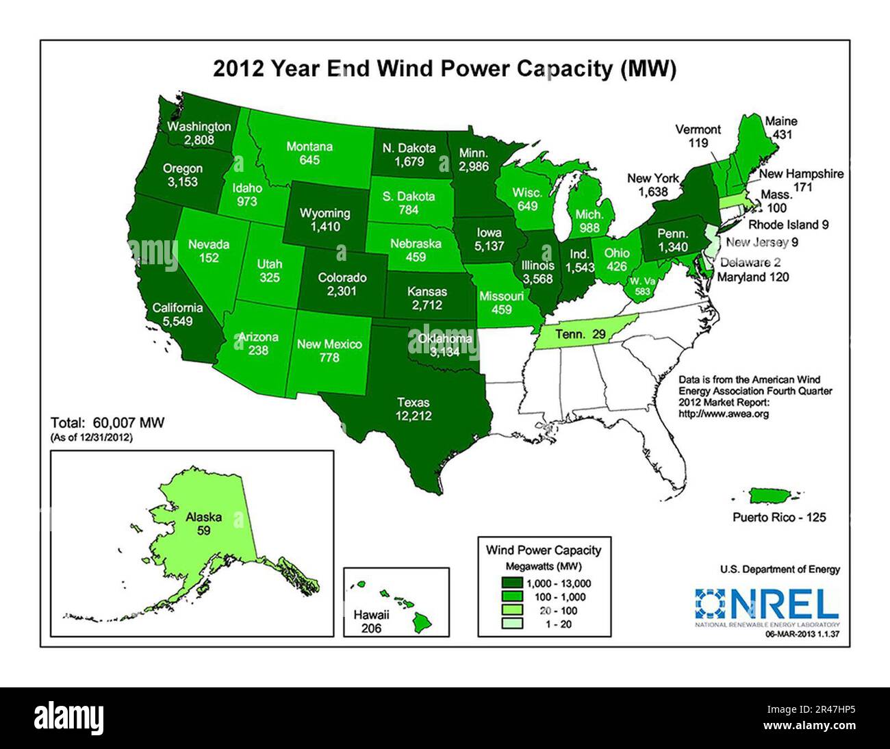 United States installed wind power capacity by state 2012 Stock Photo