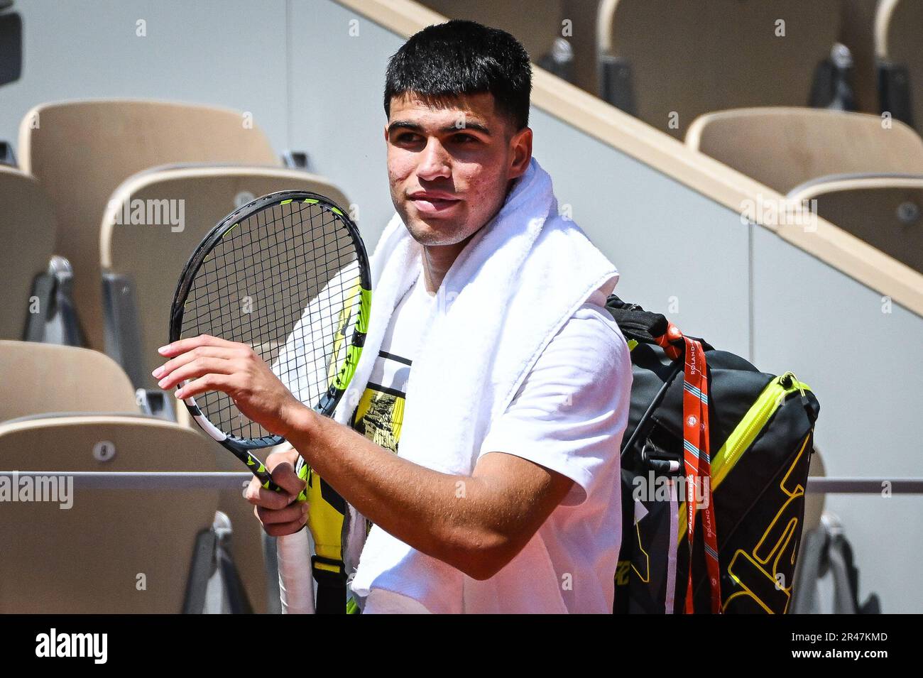 Paris, France. 26th May, 2023. Carlos ALCARAZ of Spain during a training  session of Roland-Garros 2023, Grand Slam tennis tournament, Previews on  May 26, 2023 at Roland-Garros stadium in Paris, France -