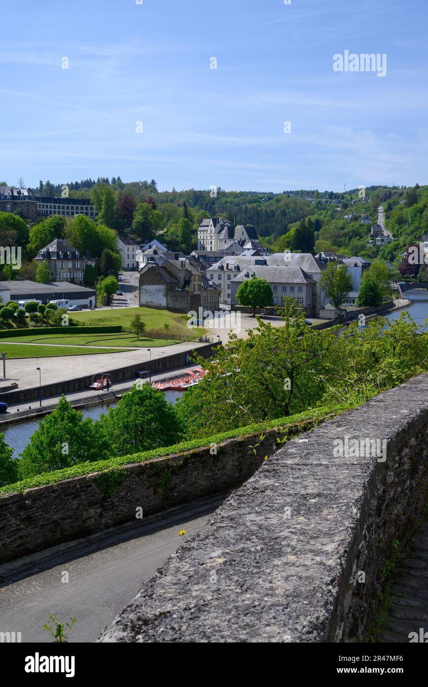 Walking in medieval town Bouillon with fortified castle on rock