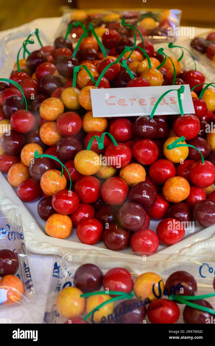 Sweet fruit candy beads in artisan Spanish confectionery shop, english