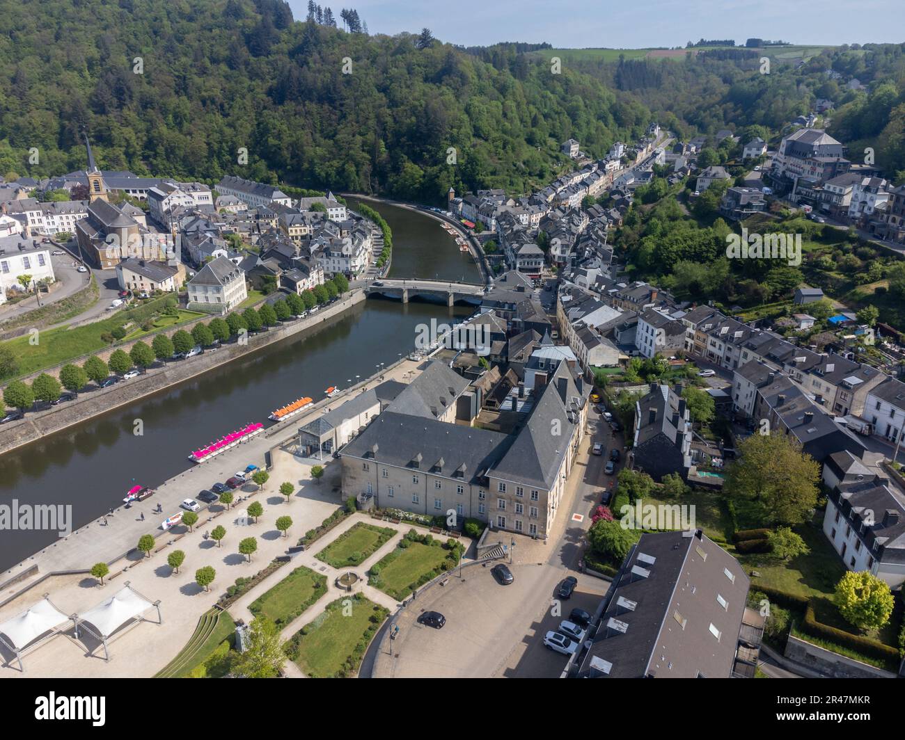 Aerial view on medieval town Bouillon with old fortified castle