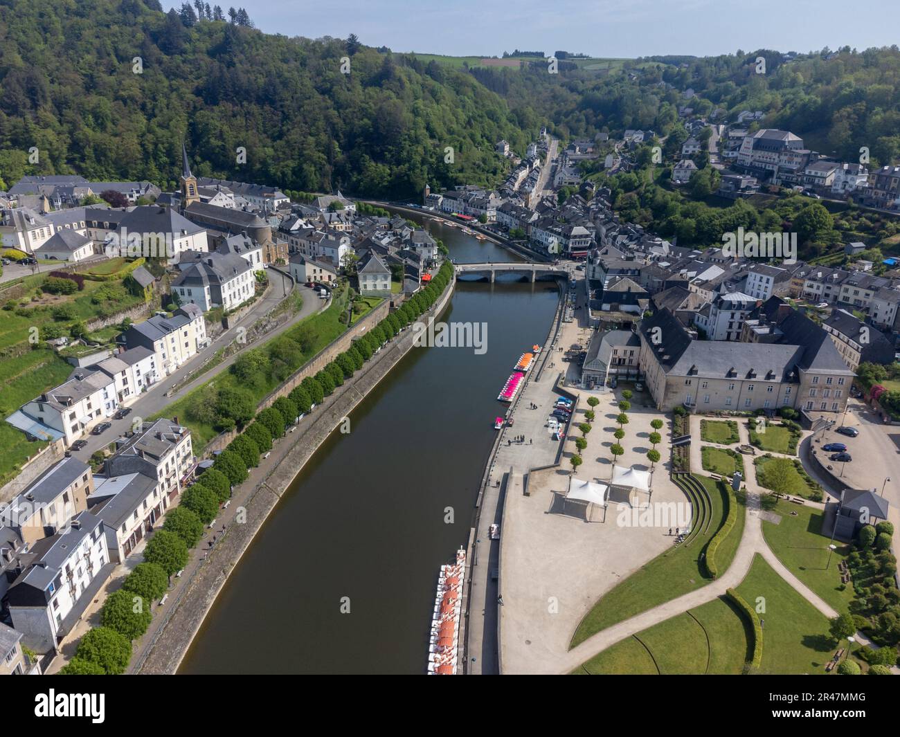 Aerial view on medieval town Bouillon with old fortified castle