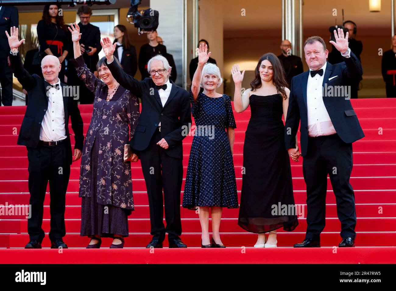 Paul Laverty, Rebecca O'Brien, Director Ken Loach, Lesley Ashton, Ebla Mari and Dave Turner attend the 'The Old Oak' premiere during the 76th Cannes Film Festival at Palais des Festivals in Cannes, France, on 26 May 2023. Credit: dpa picture alliance/Alamy Live News Stock Photo