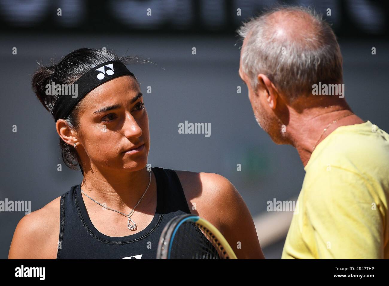 Paris, France. 24th May, 2023. Caroline GARCIA of France with his coach  Bertrand PERRET during a training session of Roland-Garros 2023, Grand Slam  tennis tournament, Previews on May 24, 2023 at Roland-Garros