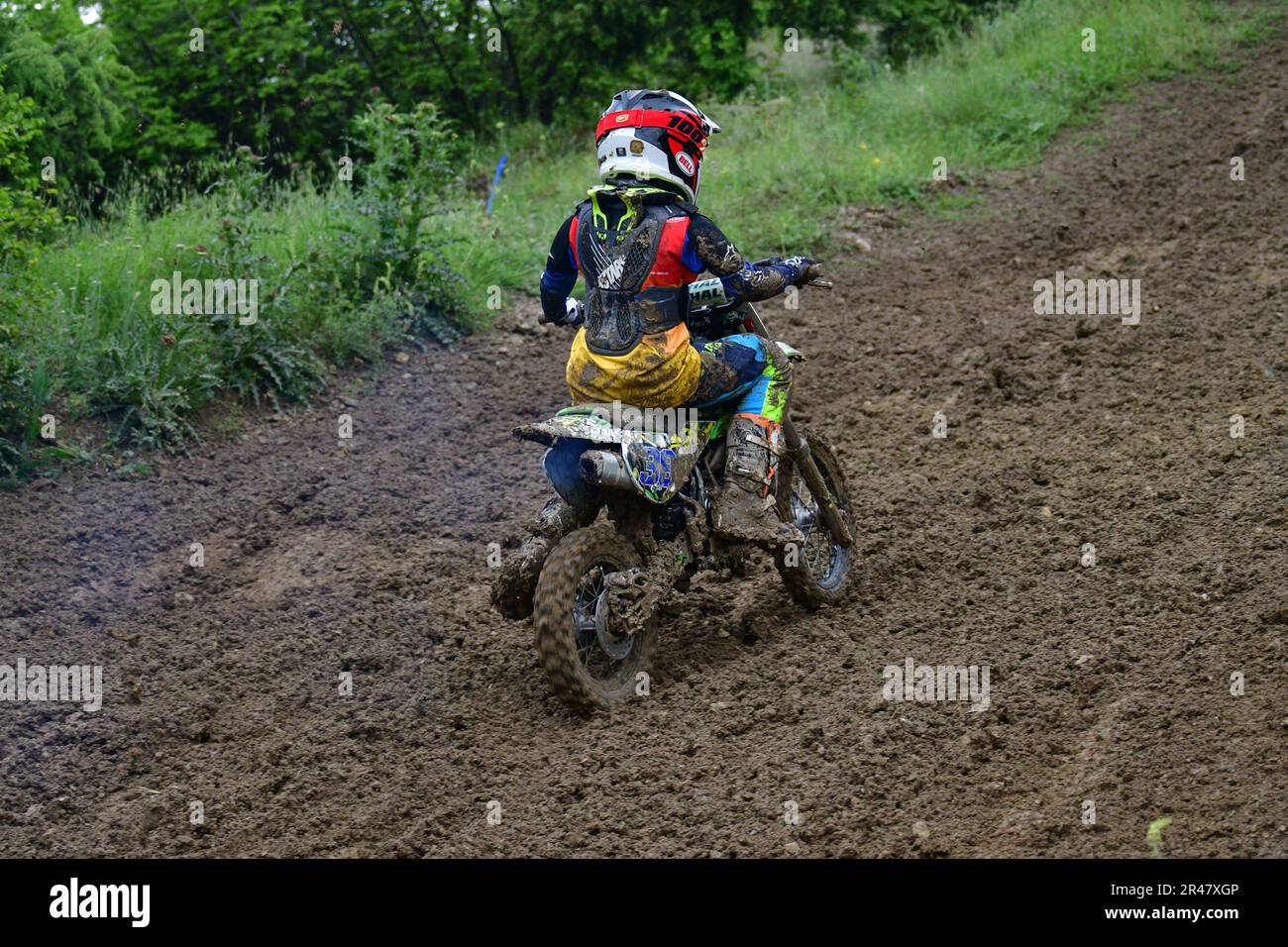 Orman, Macedonia, May 14 2023. In rainy weather and a muddy track